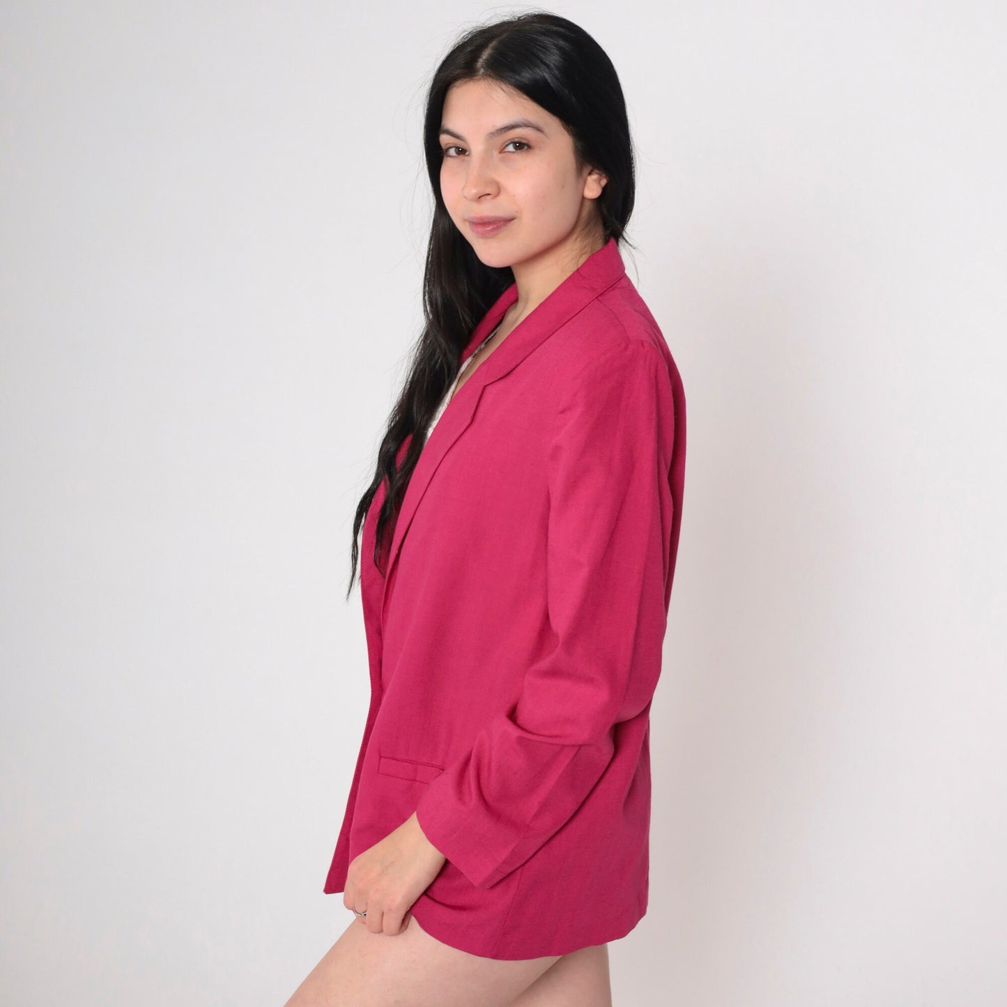 80s Fuchsia Pink Blazer Button-Up Jacket Single Breasted Medium M