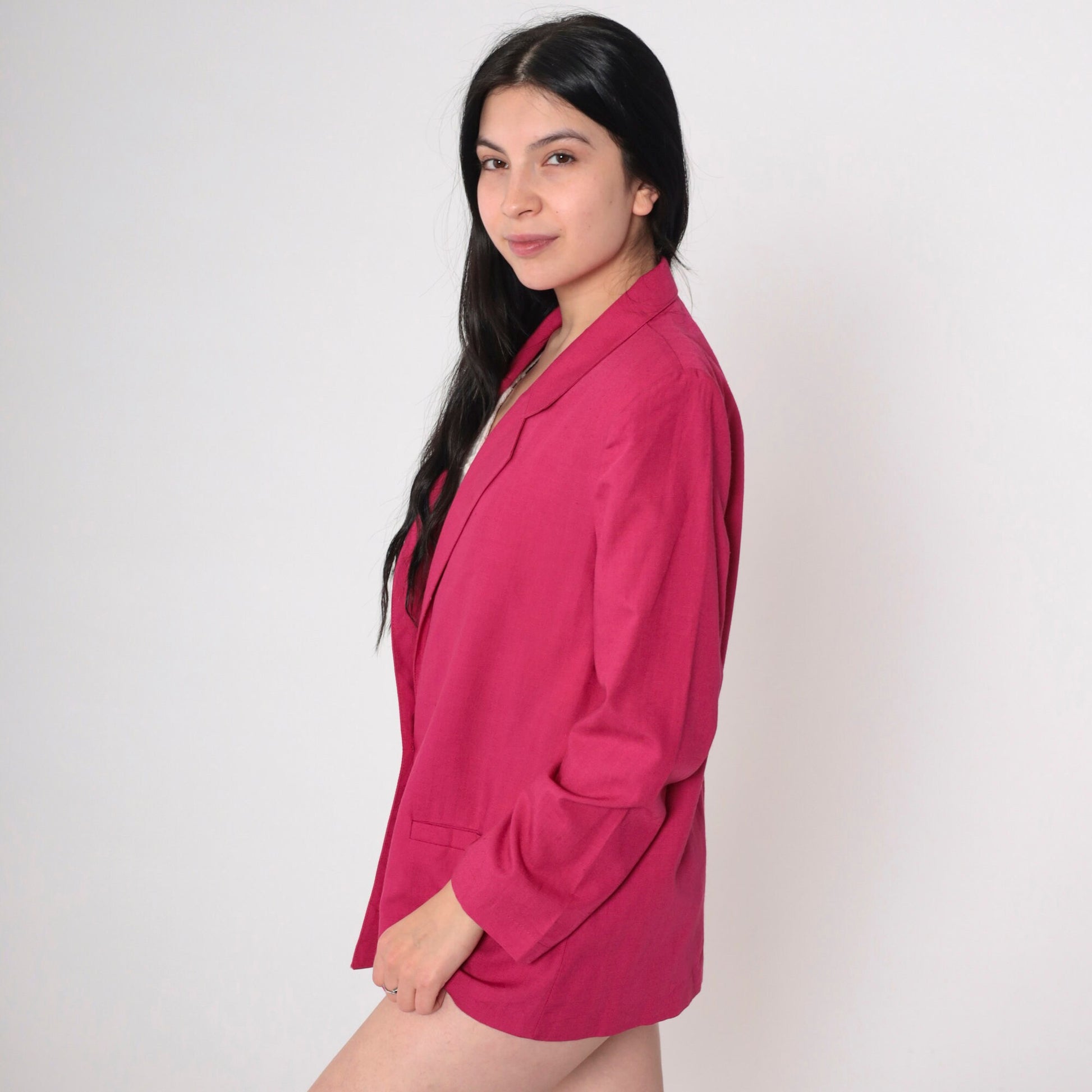 80s Fuchsia Pink Blazer Button-Up Jacket Single Breasted Medium M