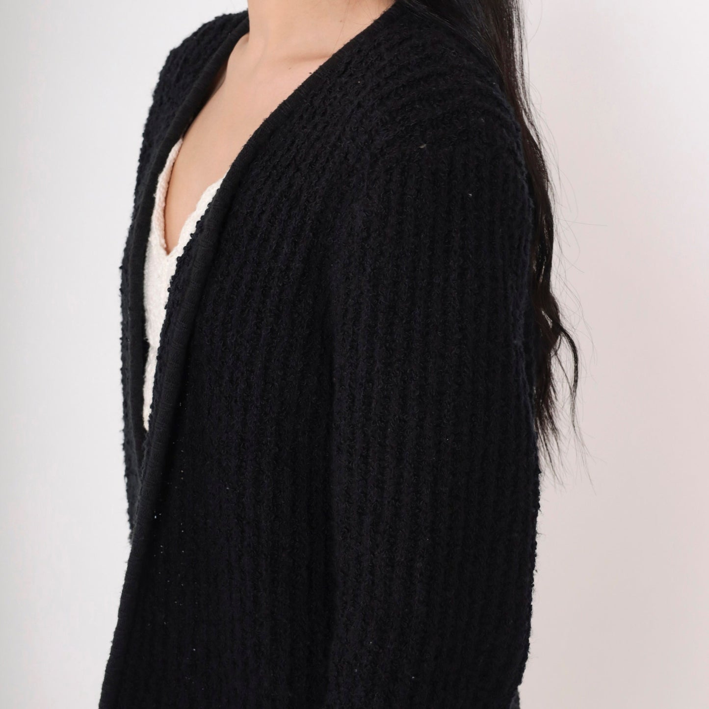 90s Black Ribbed Knit Cardigan Open Front Pockets Medium