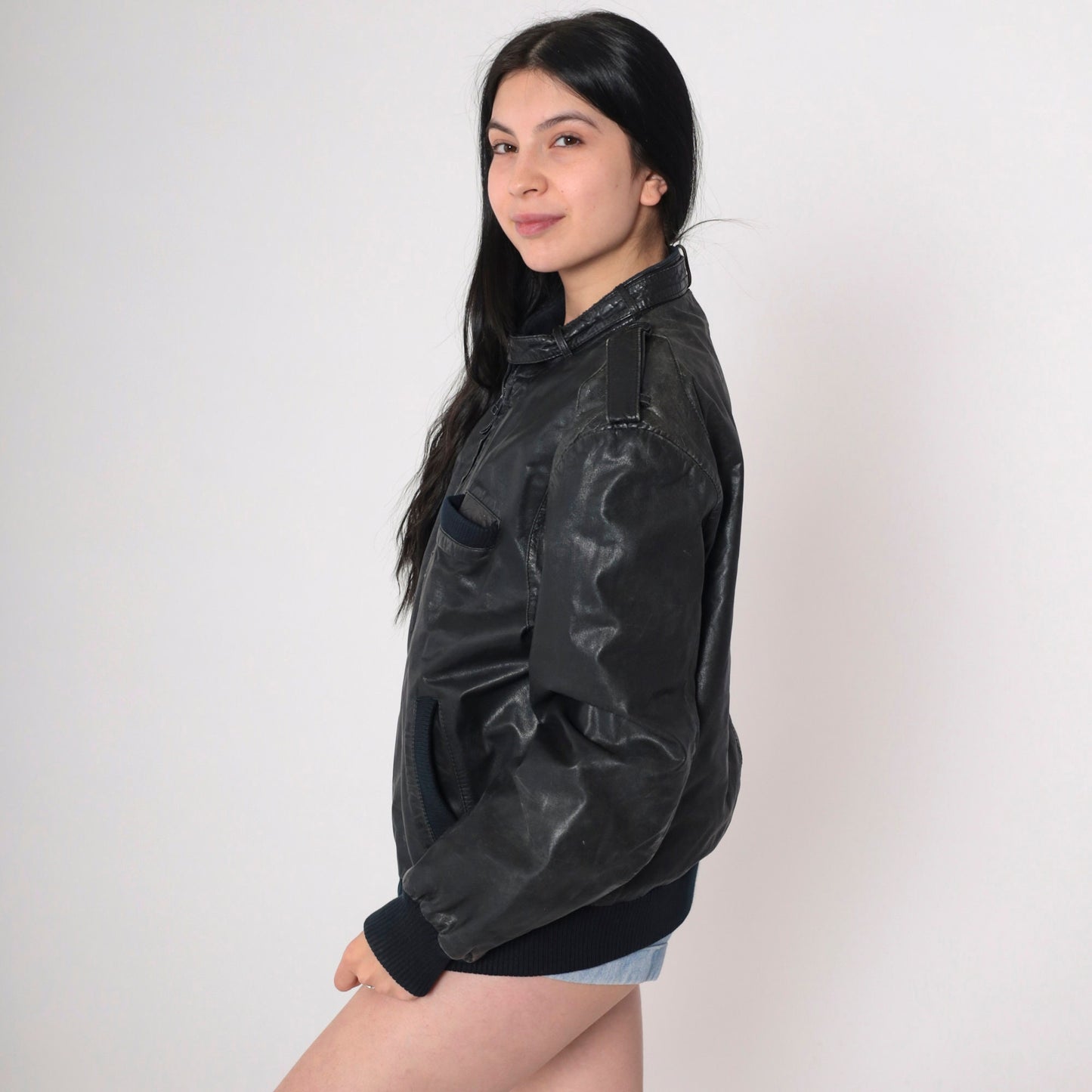 80s Cooper Black Leather Bomber Jacket Knit Cuffs Men's Large 42