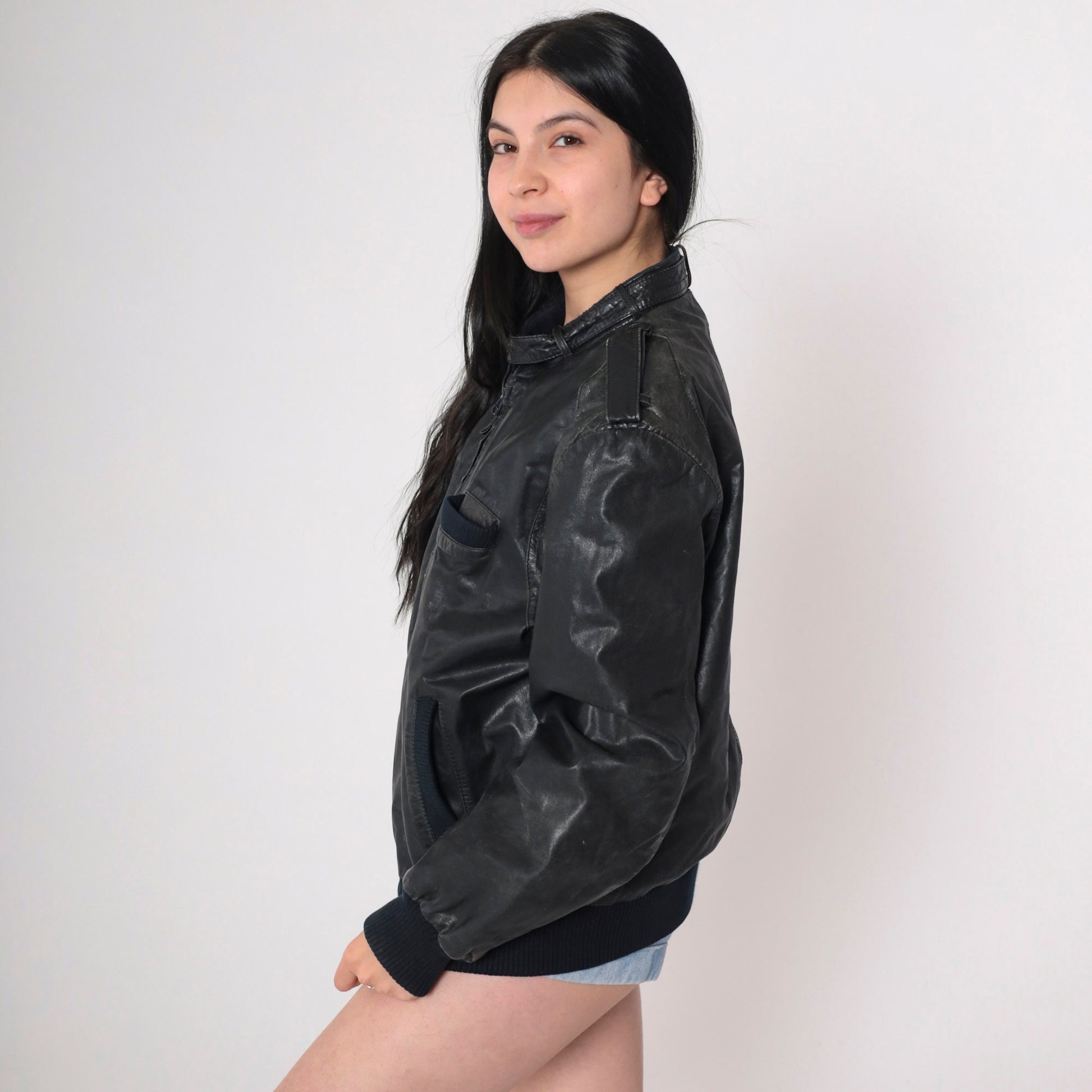 80s Cooper Black Leather Bomber Jacket Knit Cuffs Men's Large 42