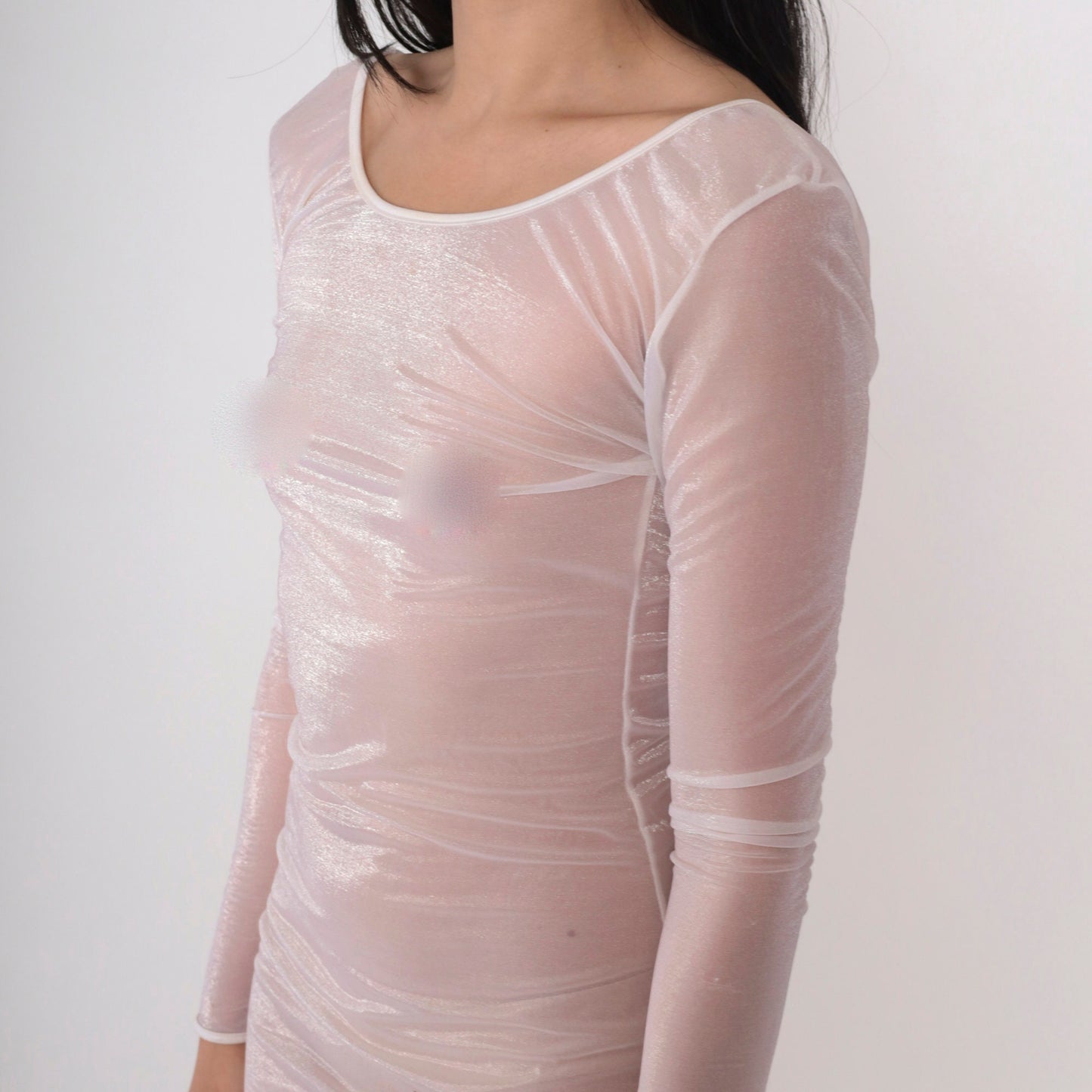 90s Sheer Iridescent White Bodycon Mini Dress Long Sleeve Open Back Small