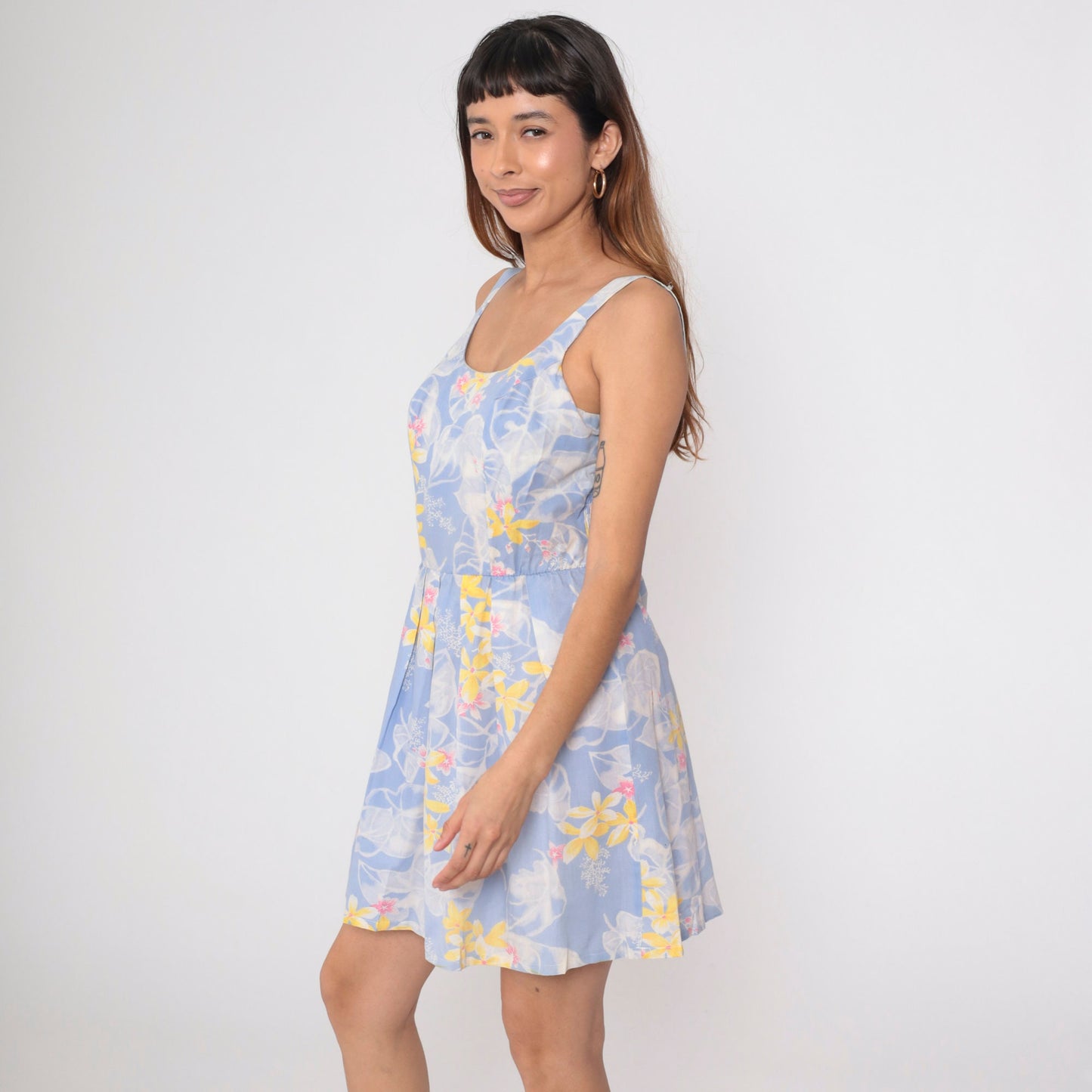 70s Periwinkle Floral Mini Sundress Smocked Tank High Waist Pleated Medium Large