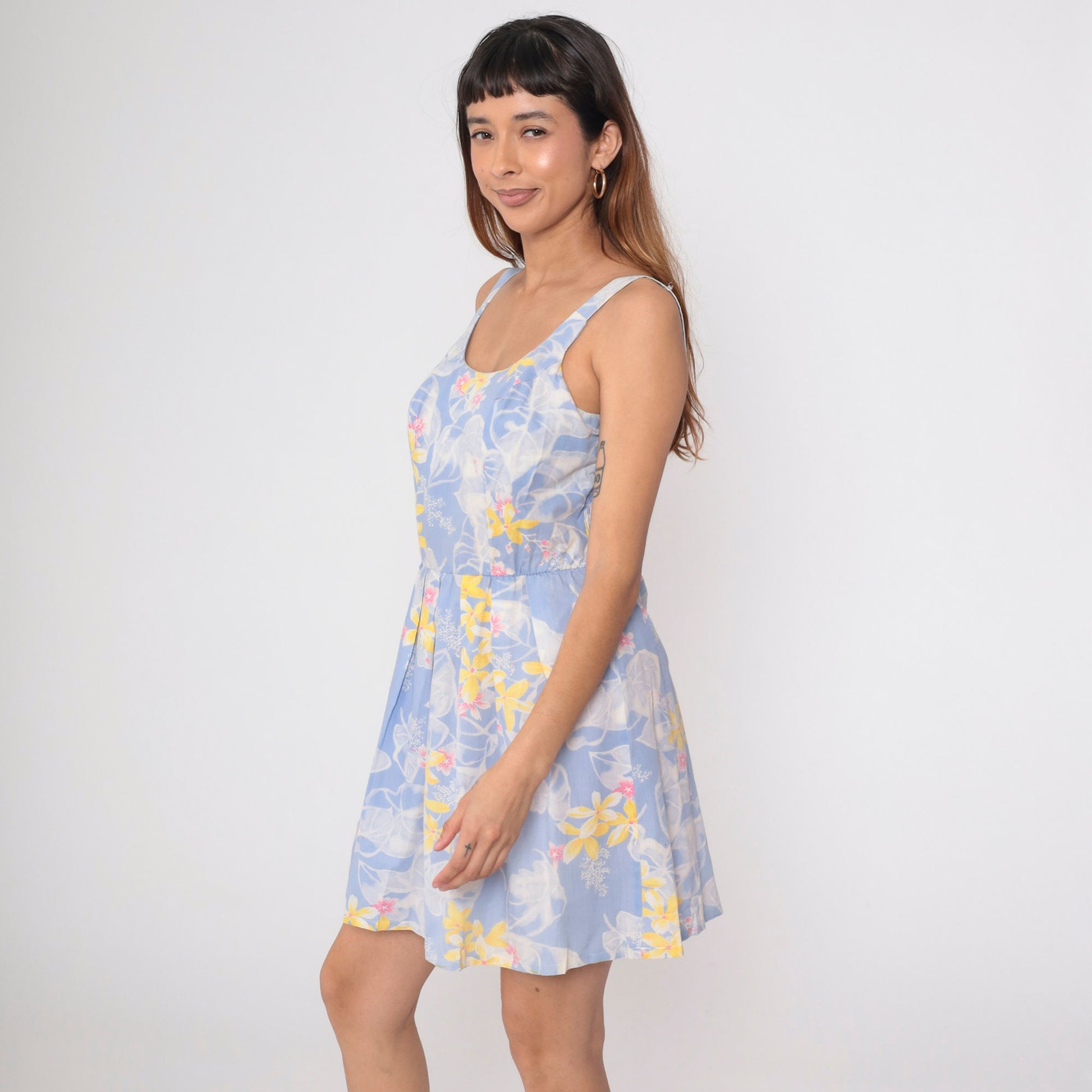 70s Periwinkle Floral Mini Sundress Smocked Tank High Waist Pleated Medium Large