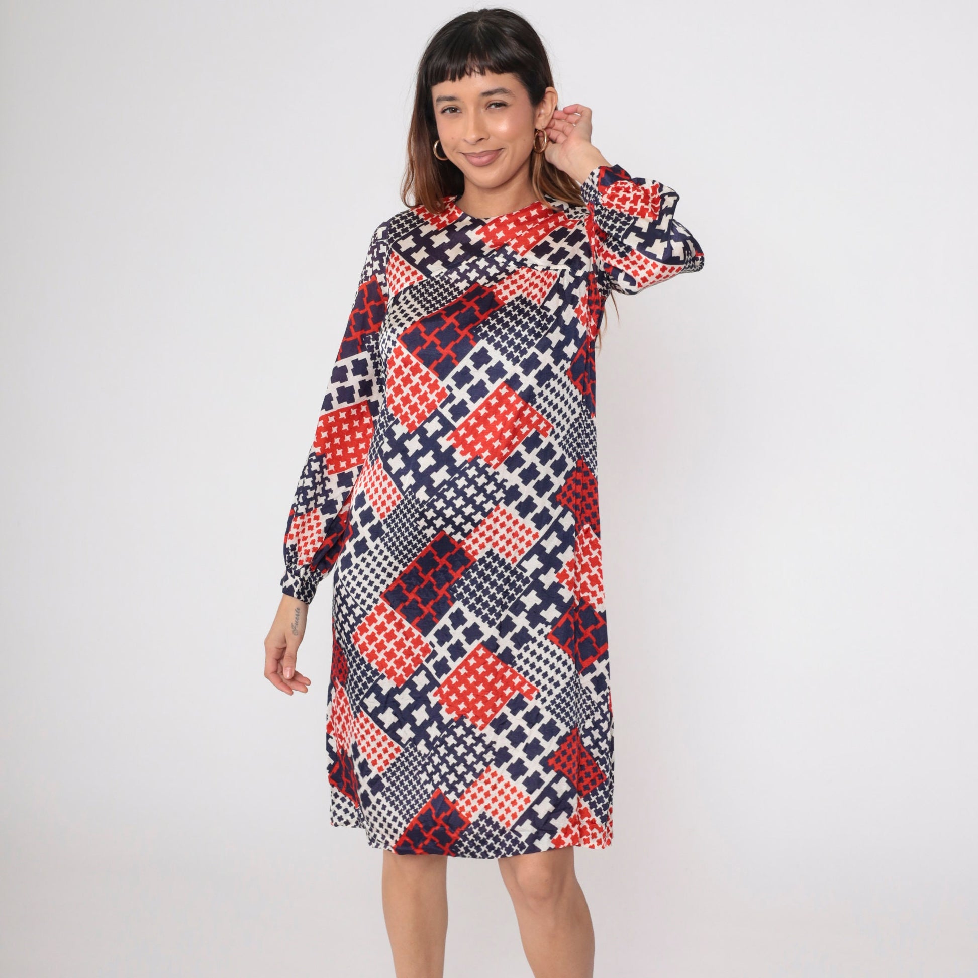 60s Mod Shift Dress Patchwork Houndstooth Red White Blue Small