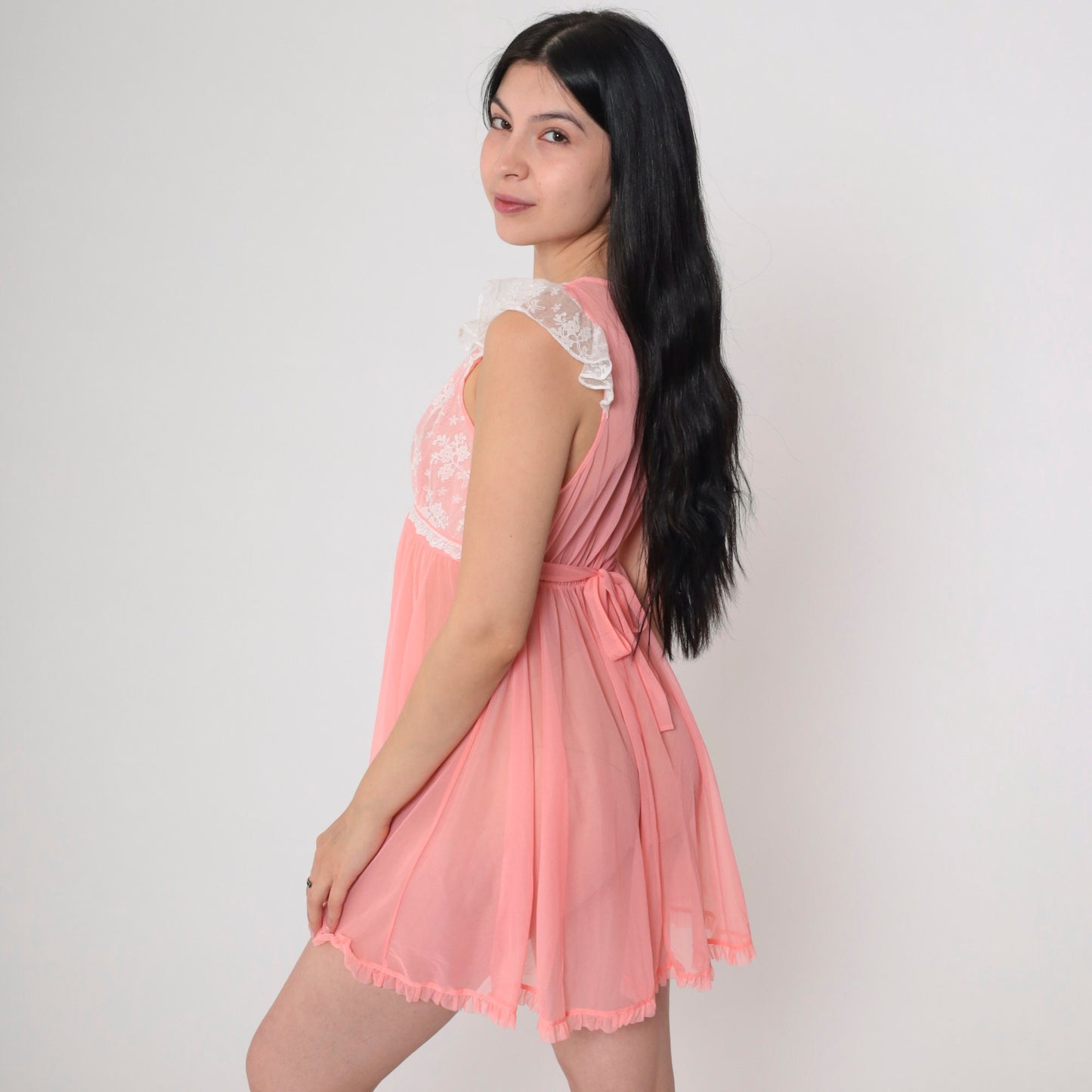 Betsey Johnson Pink Nightie Semi-Sheer Lace Trim Flutter Sleeve Mini Slip Dress Medium