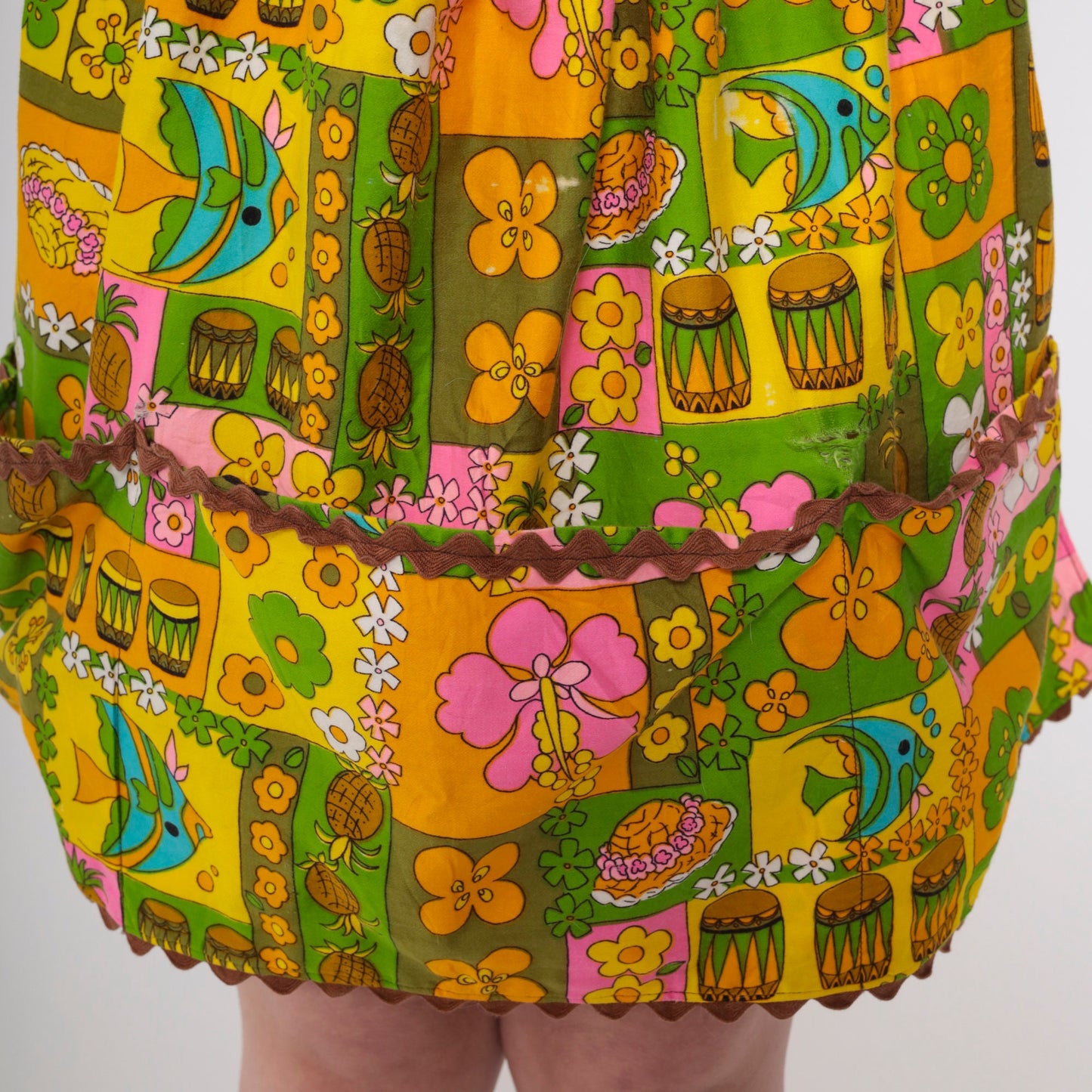 70s Tropical Floral Fish Pineapple Print Apron Dress Open Back Extra Small