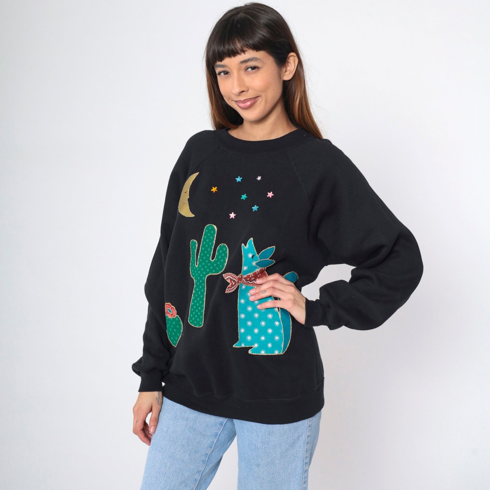 90s Southwest Black Sweatshirt Desert Coyote Cactus Moon Star Studs Raglan Large