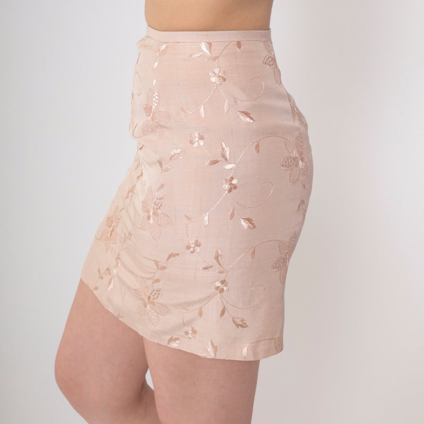 90s Embroidered Floral Mini Skirt Beige High Waisted Pencil Side Slit Extra Small