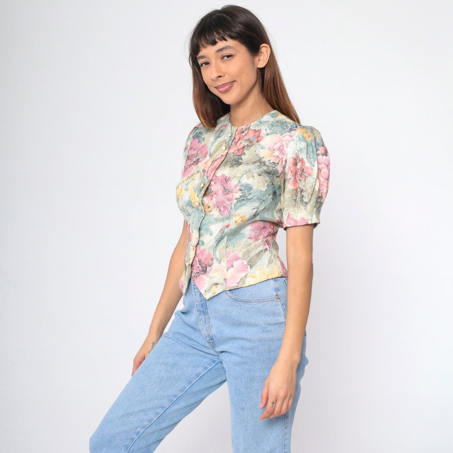 80s Damask Floral Button-Up Blouse Lavender Puff Sleeve Pearl Buttons Small