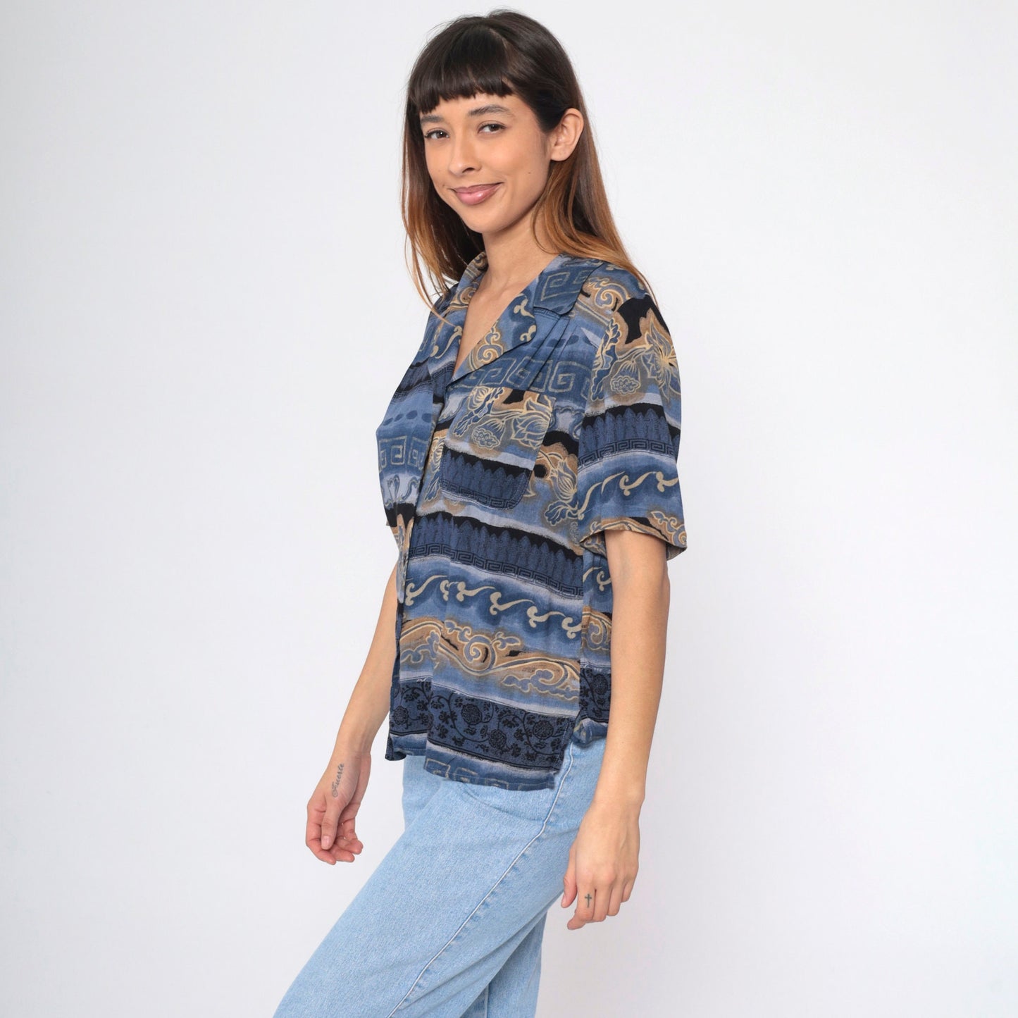 90s Carol Little Striped Floral Greek Key Button Up Blouse Blue Small