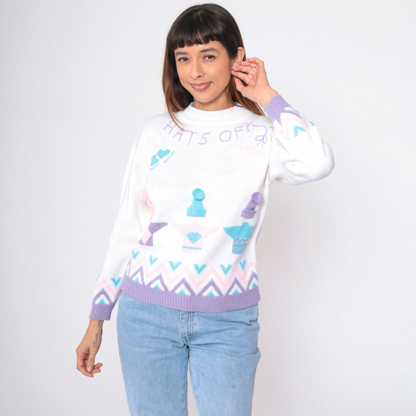 90s Hats Off Ice Skating Graphic Sweater Pastel Novelty Knit Small