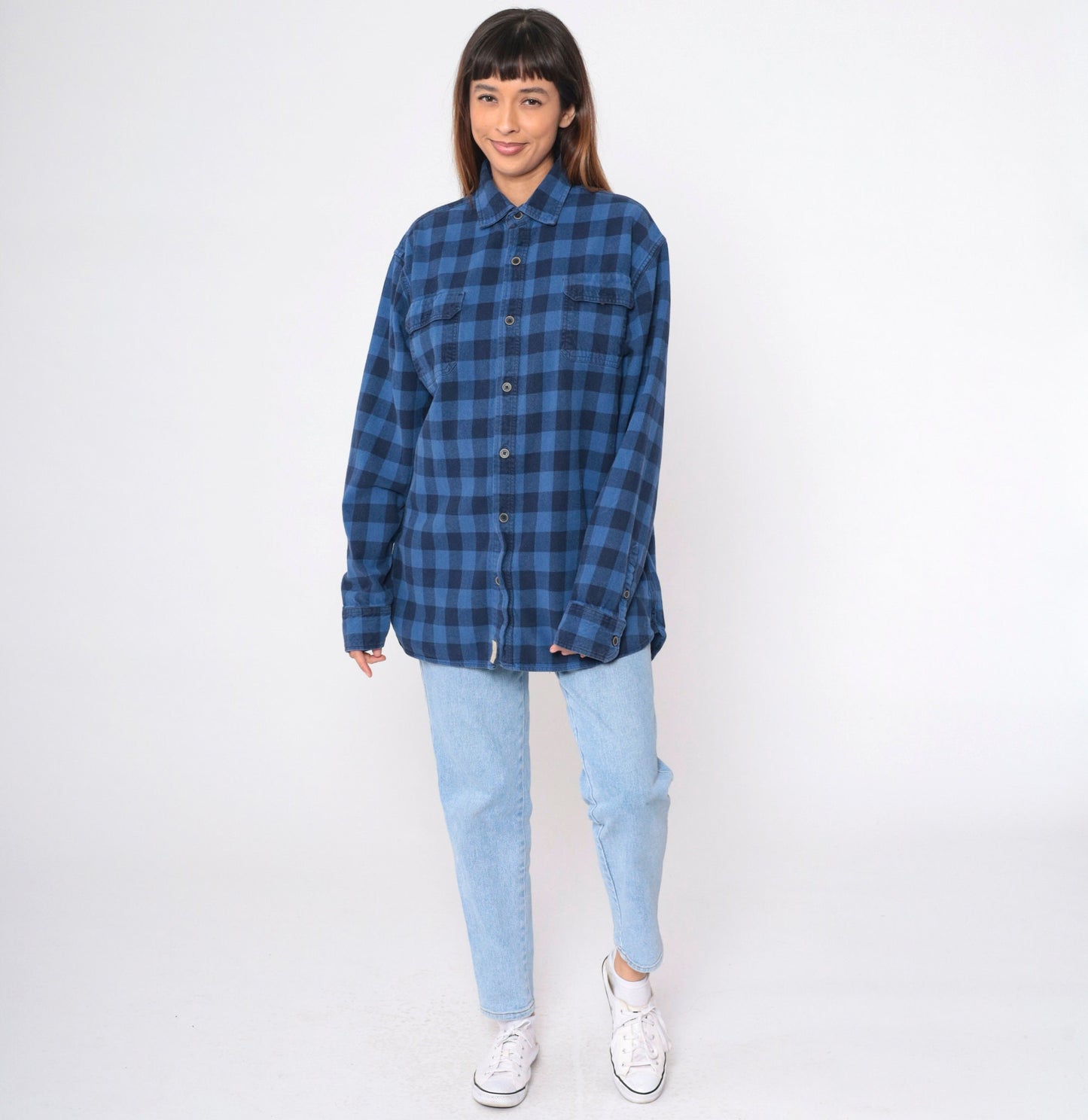 90s Jachs Buffalo Plaid Button-Up Shirt Blue Black Cotton Extra Large Tall