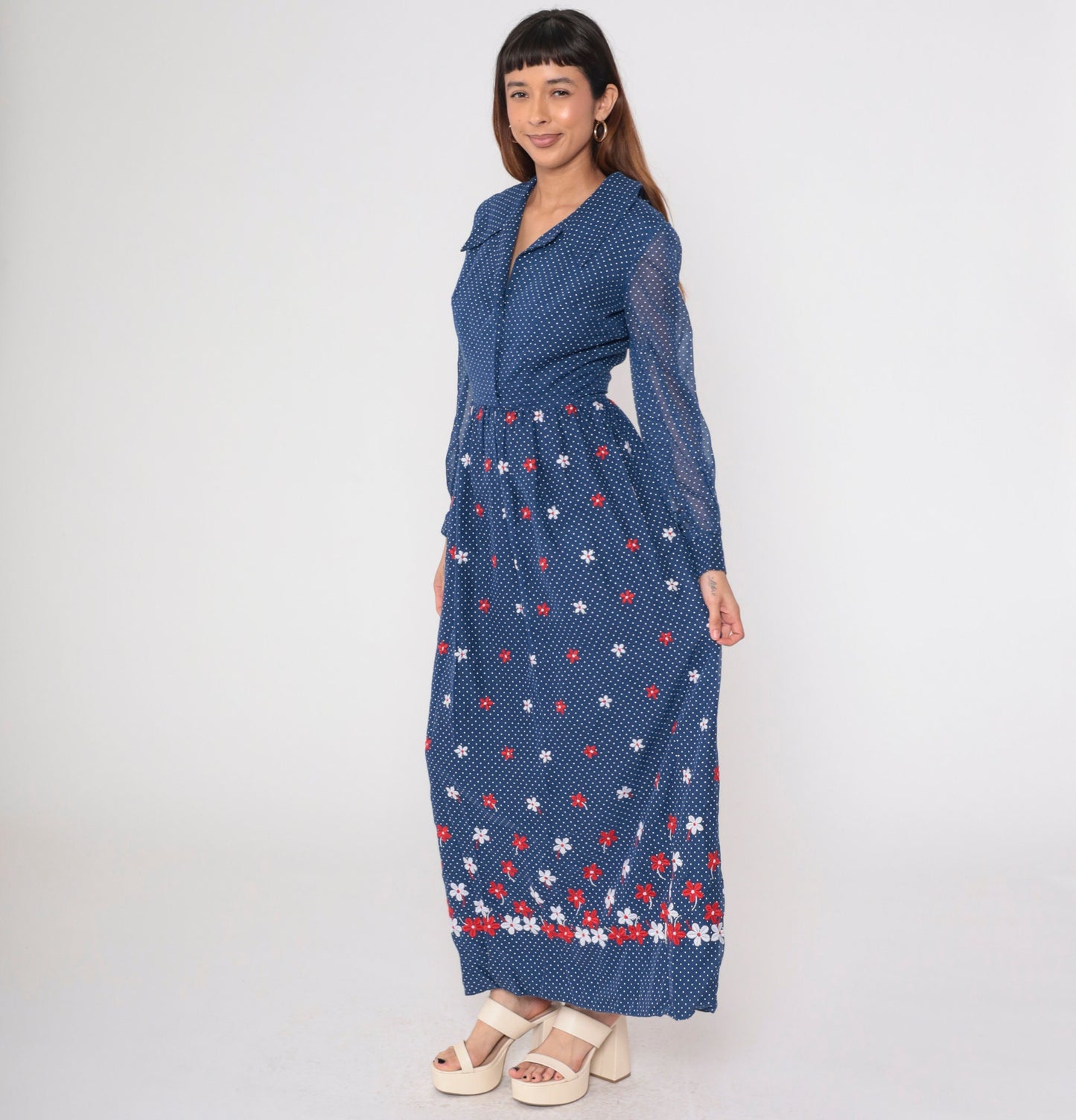70s Blue Polka Dot Maxi Dress Floral Embroidered High Waist Sheer Sleeve Small