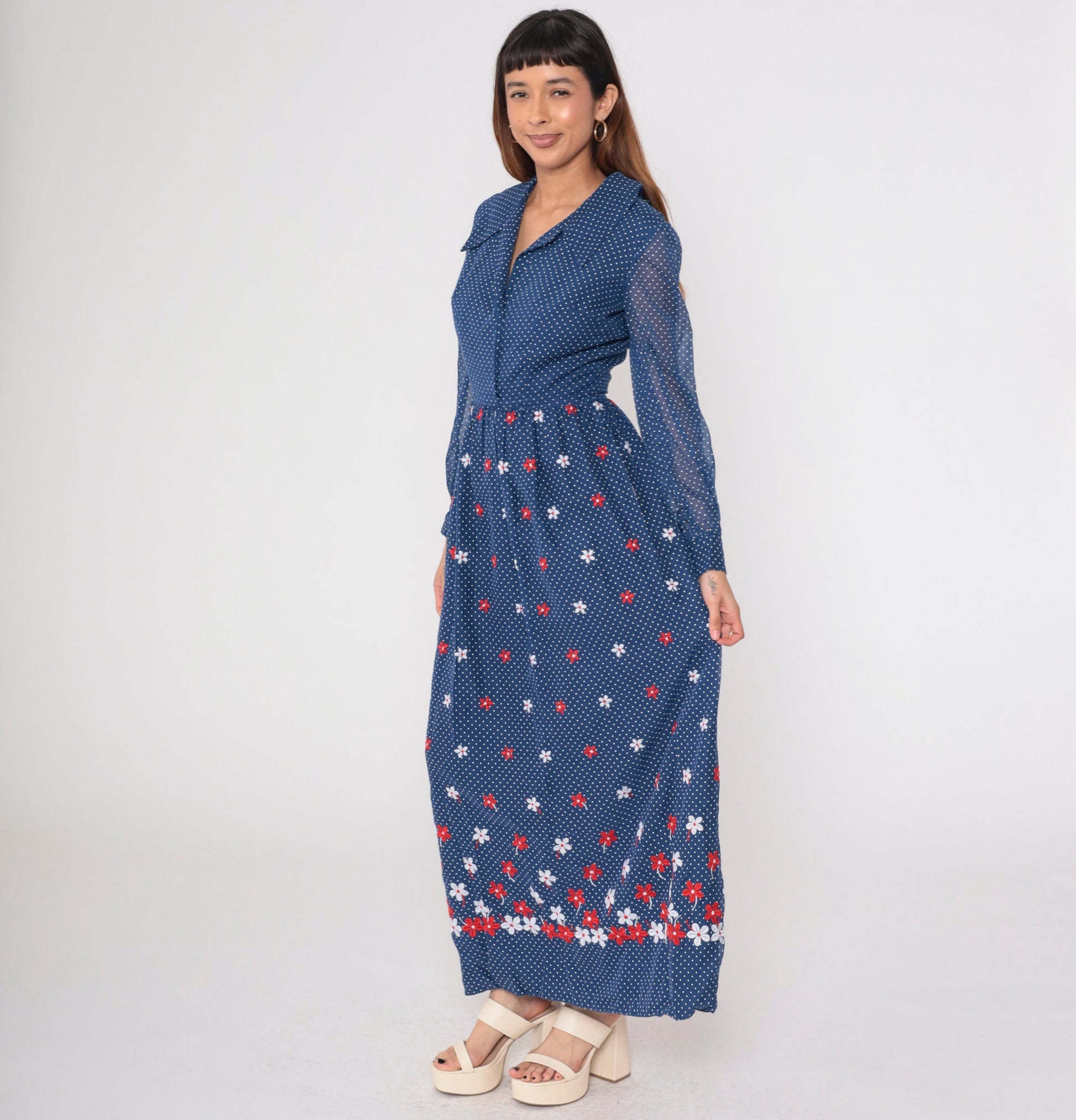 70s Blue Polka Dot Maxi Dress Floral Embroidered High Waist Sheer Sleeve Small