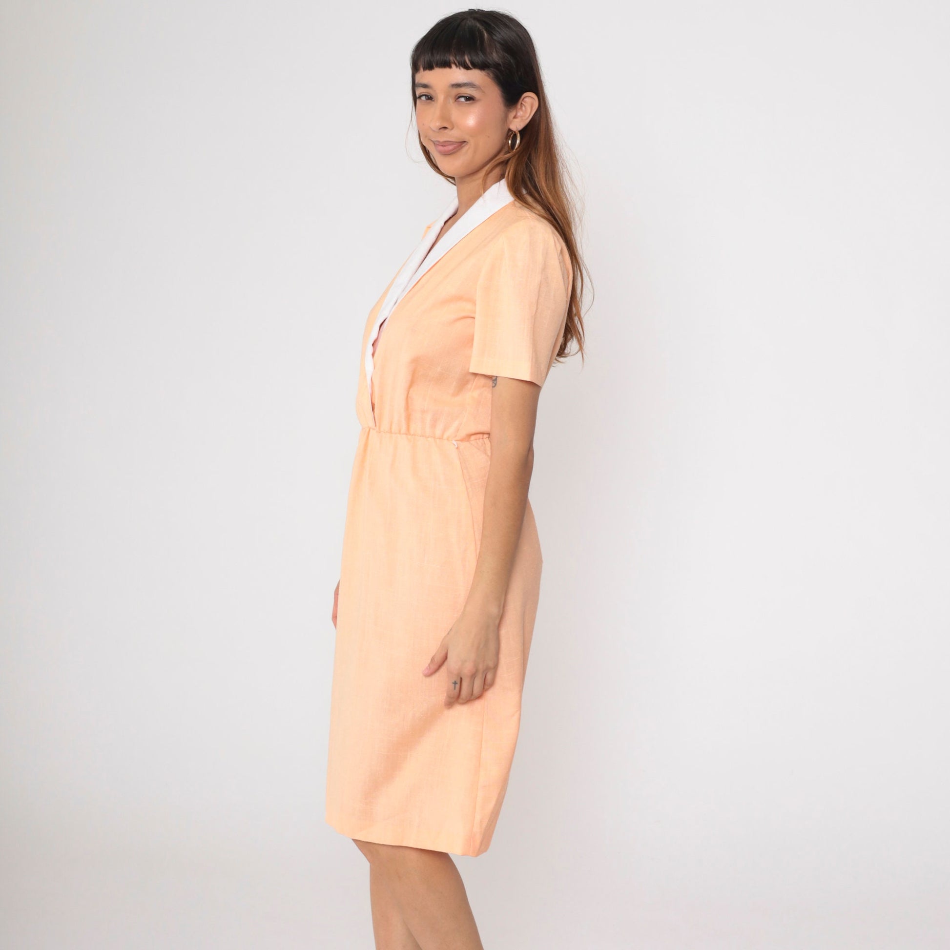 80s Peach Wrap Dress Midi Double Breasted Puff Sleeve Secretary Medium