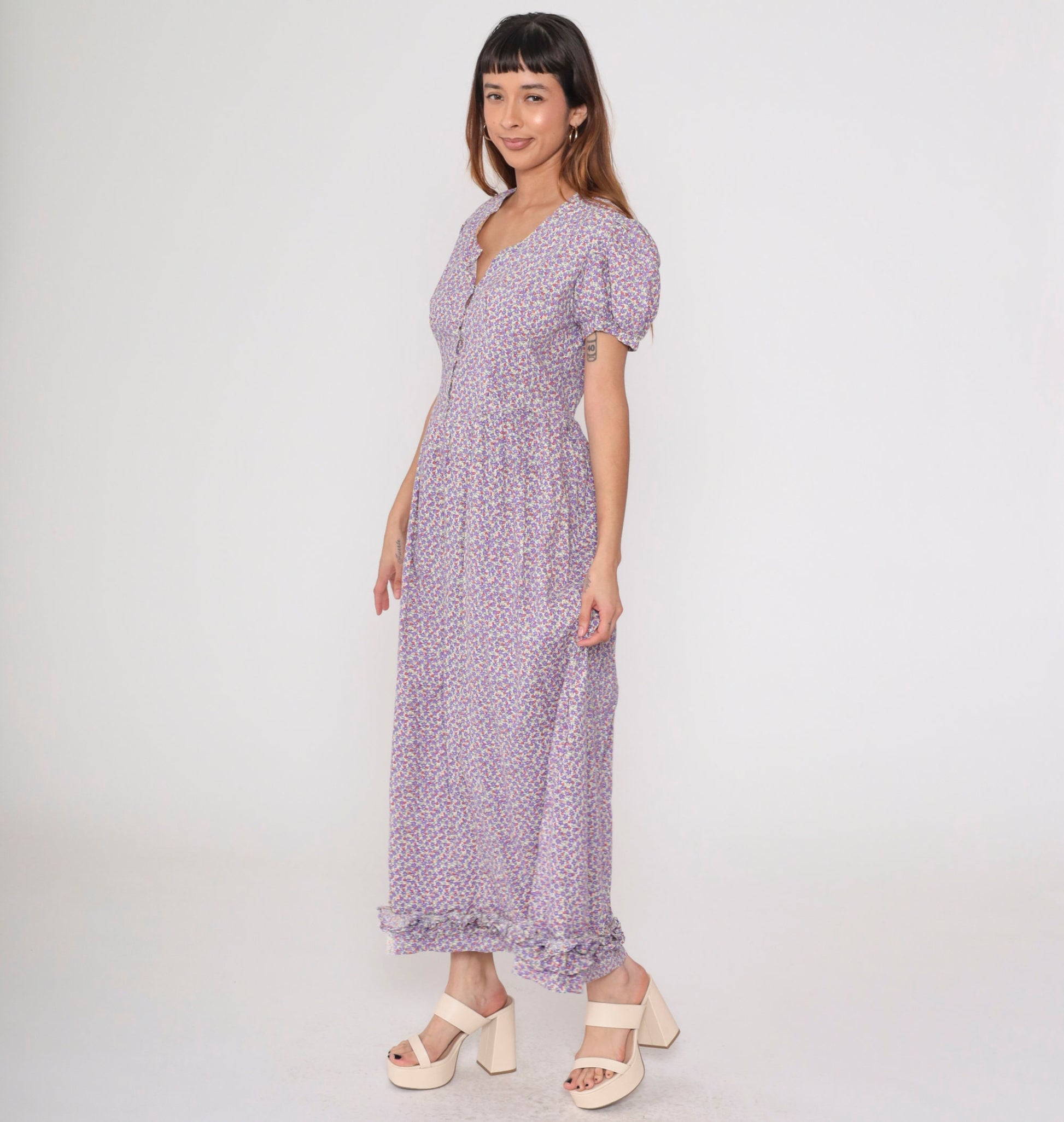 70s Purple Calico Floral Maxi Dress Puff Sleeve Low Waist Medium