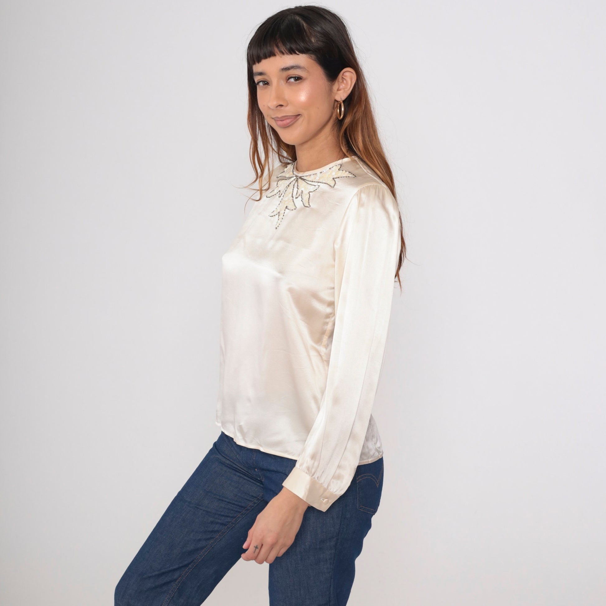 80s Lloyd Williams Silk Blouse Cream Sequin Leaf Beaded Puff Sleeve Medium