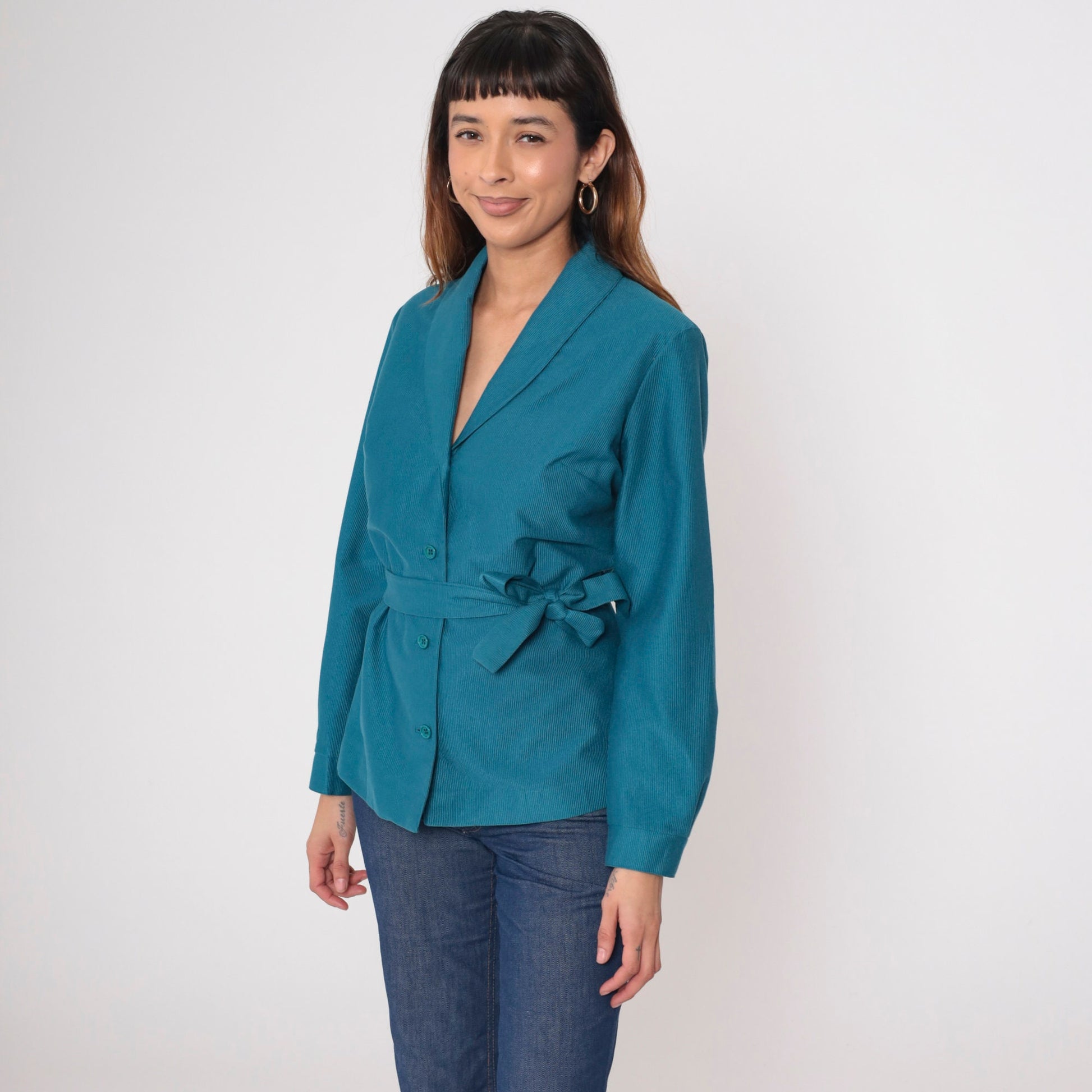 70s Teal Blue Belted Shawl Collar Jacket Ribbed Button Up Medium