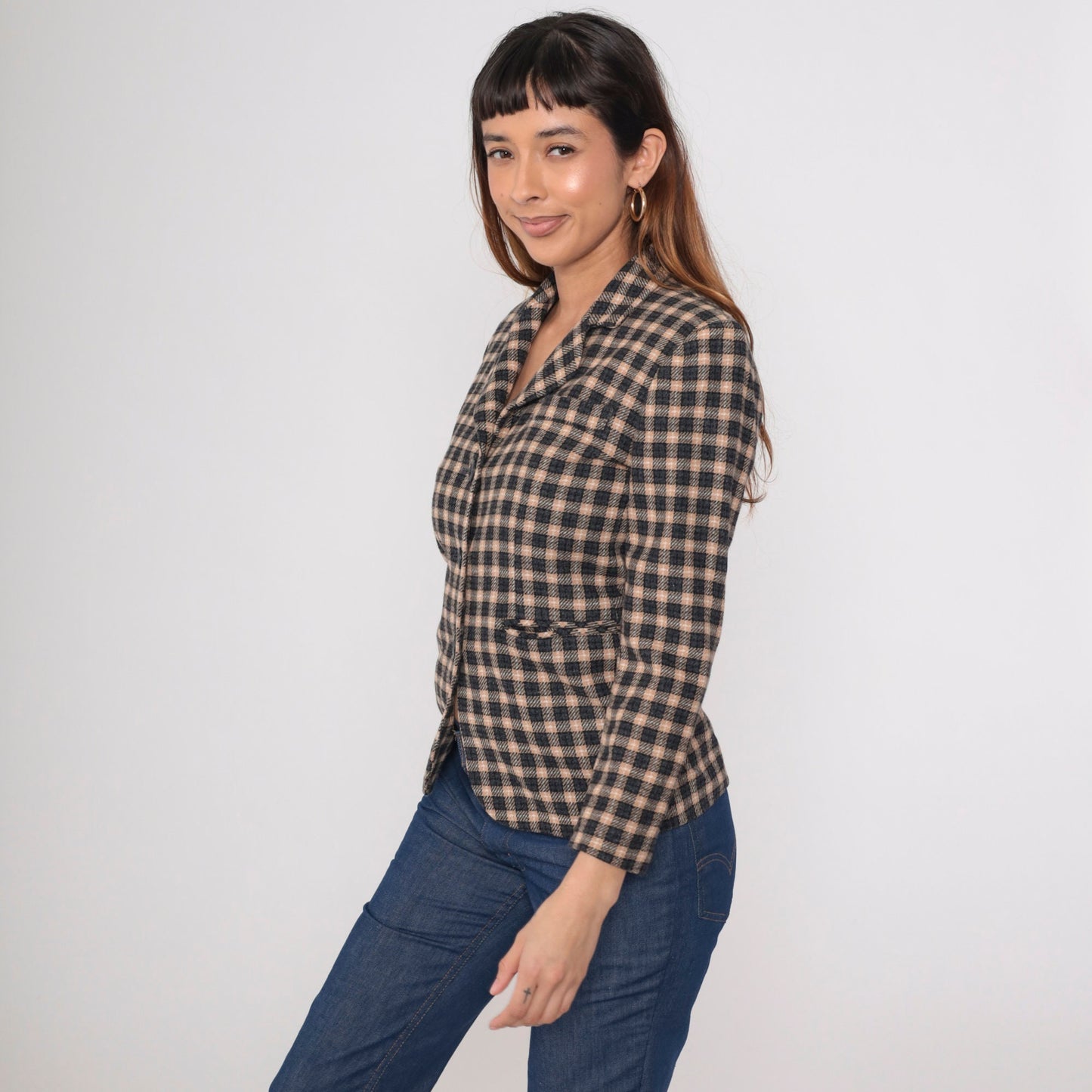 90s Petite Sophisticate Black Tan Checkered Wool Blazer Button-Up Jacket Extra Small
