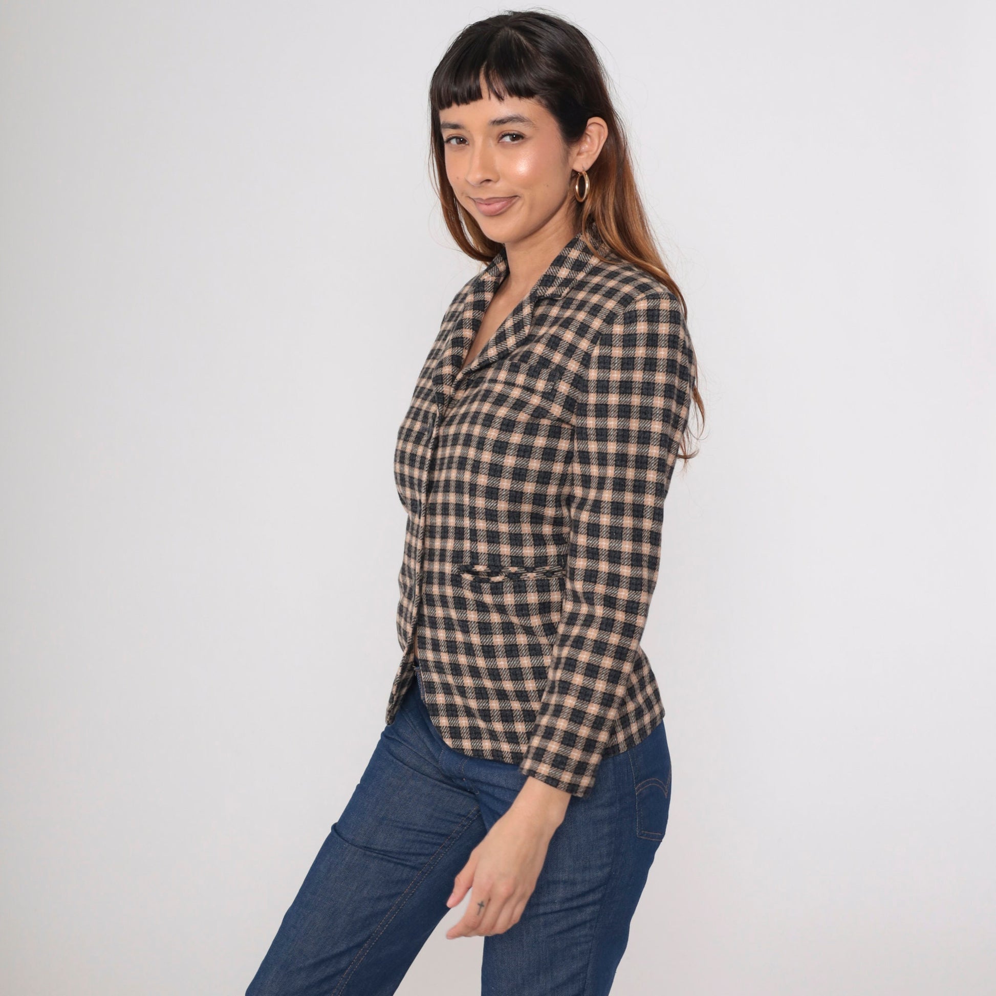 90s Petite Sophisticate Black Tan Checkered Wool Blazer Button-Up Jacket Extra Small