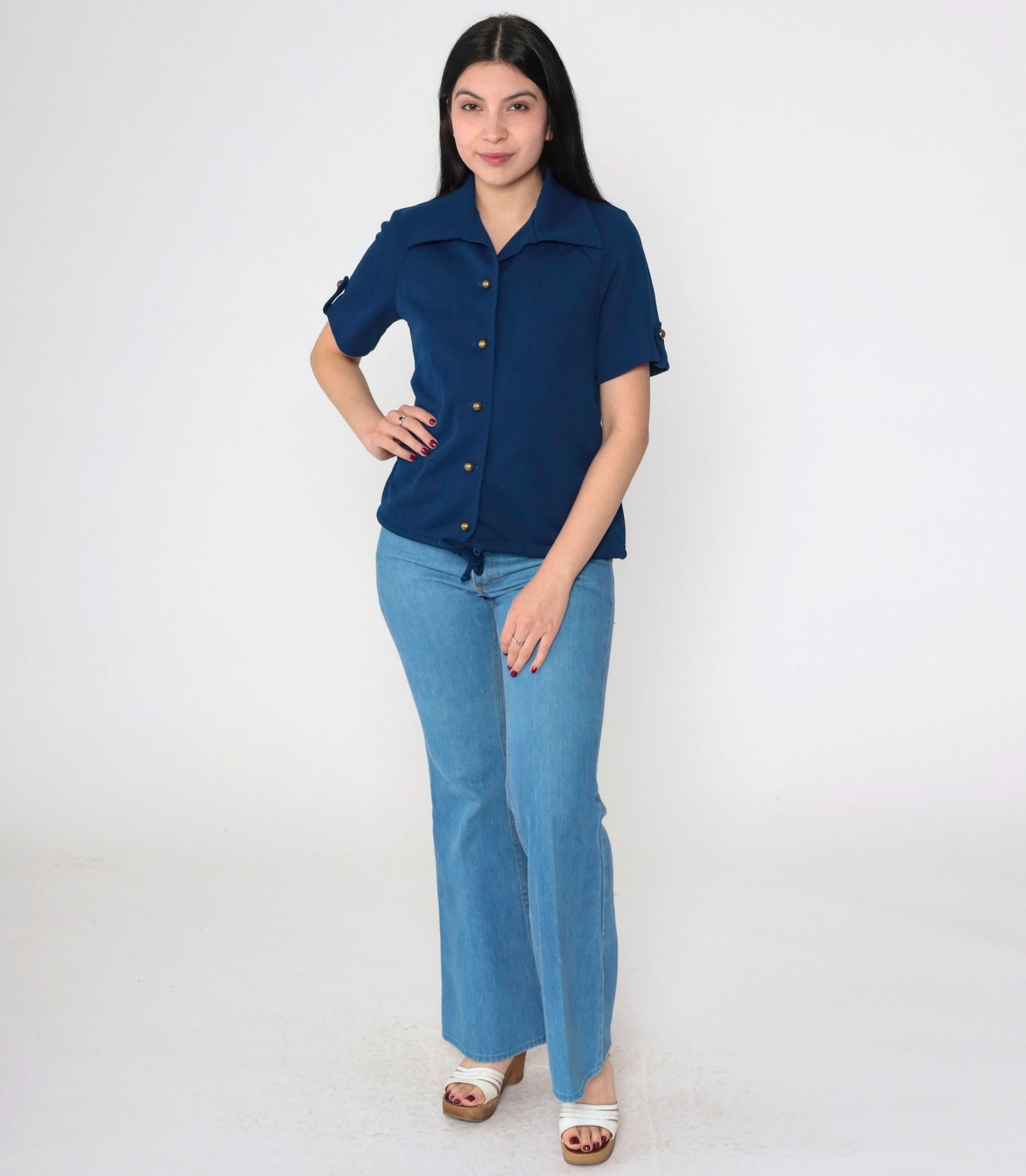 70s Navy Wing Collar Button-Up Blouse Short Roll Tab Sleeve Tie Front Medium