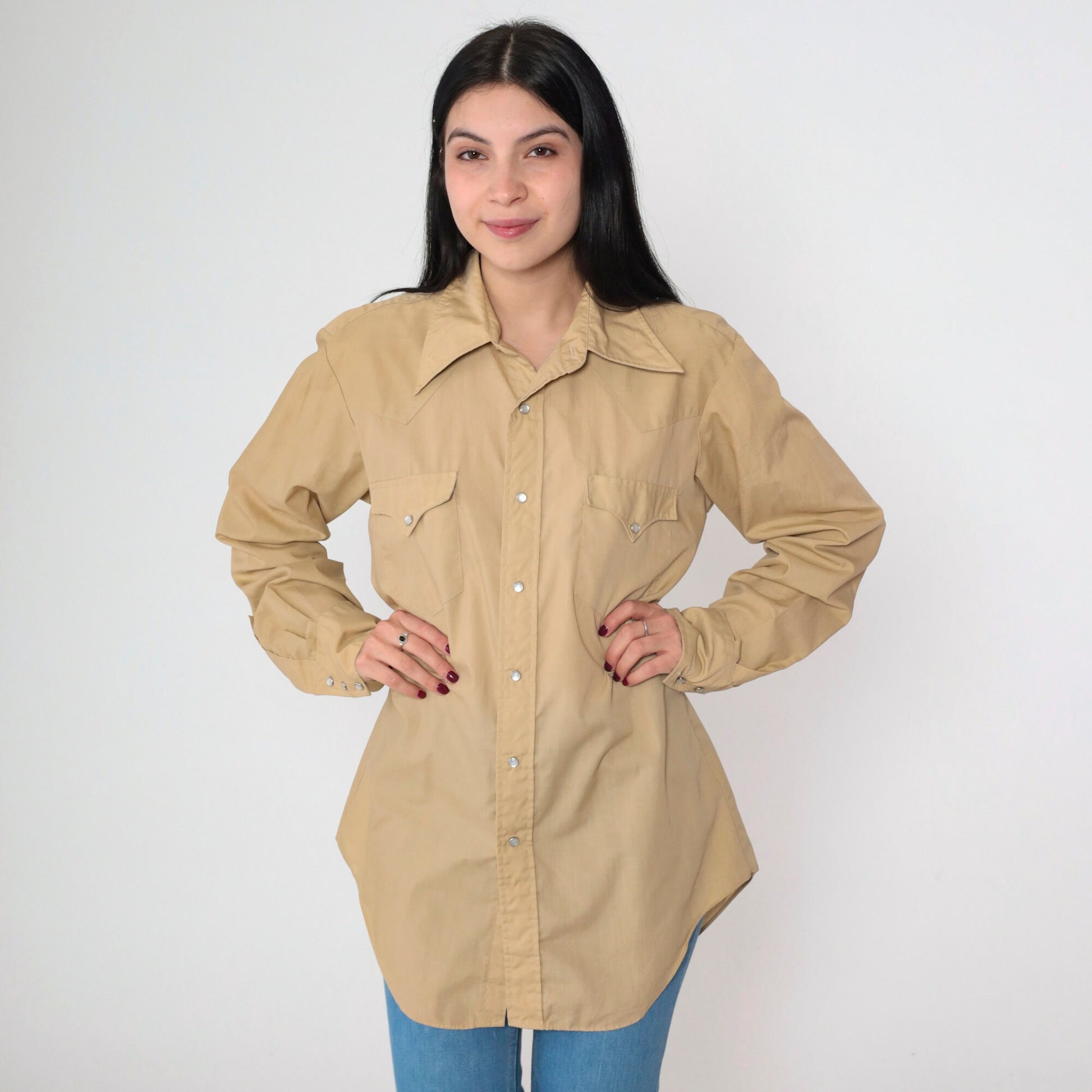 80s Miller Western Pearl Snap Shirt Tan Long Sleeve Button Up Mens Medium