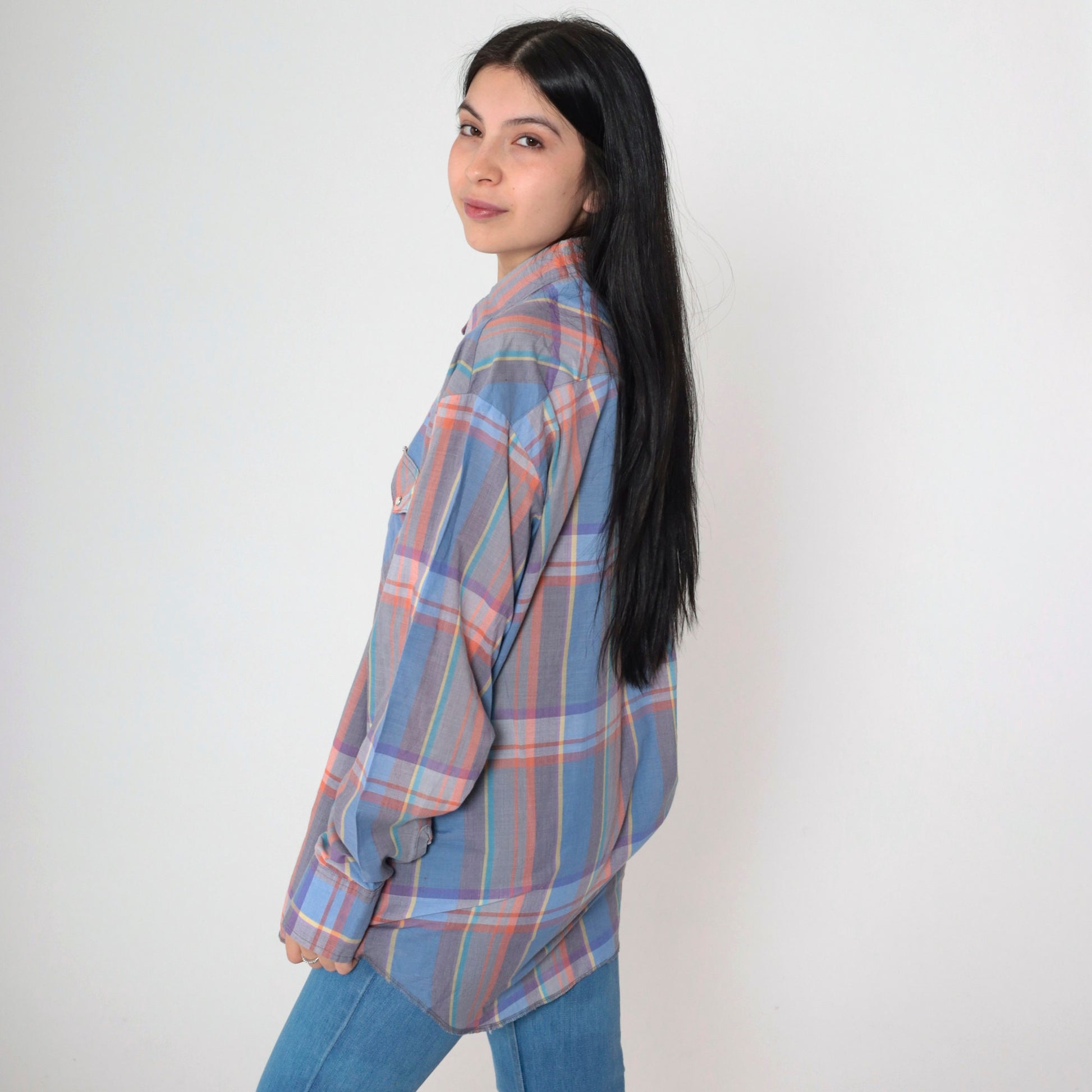 90s Wrangler Plaid Pearl Snap Western Shirt Blue Grey Orange Extra Large