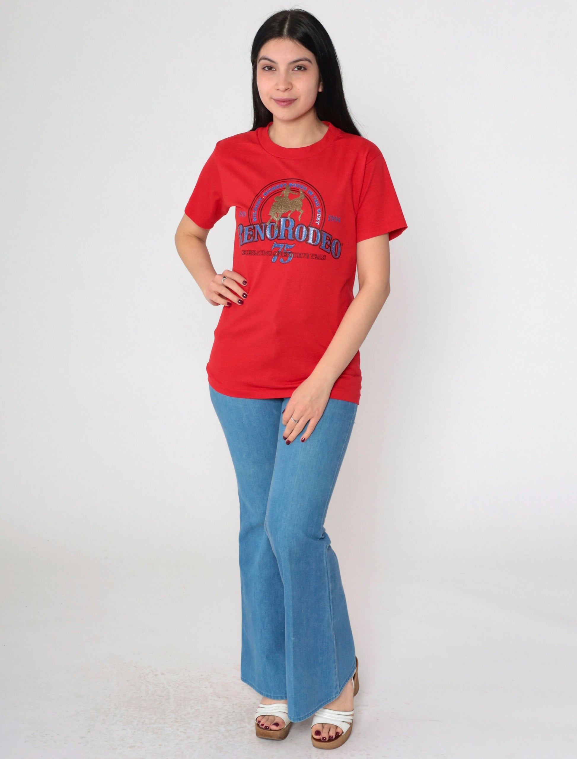 1994 Reno Rodeo Glitter Graphic T-Shirt Red Single Stitch Western Small