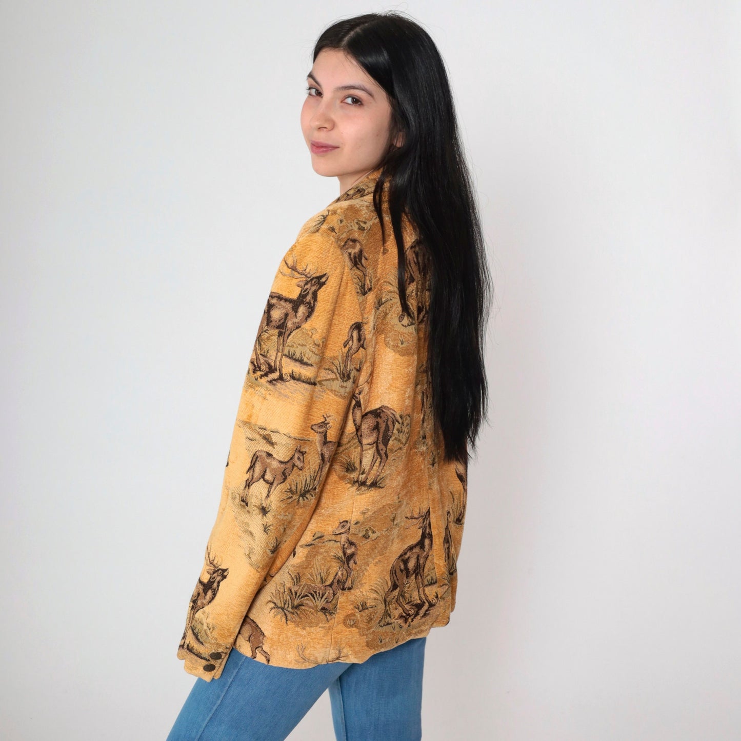 90s Solei Deer Jacket Single Button Blazer Woven Animal Print Large L