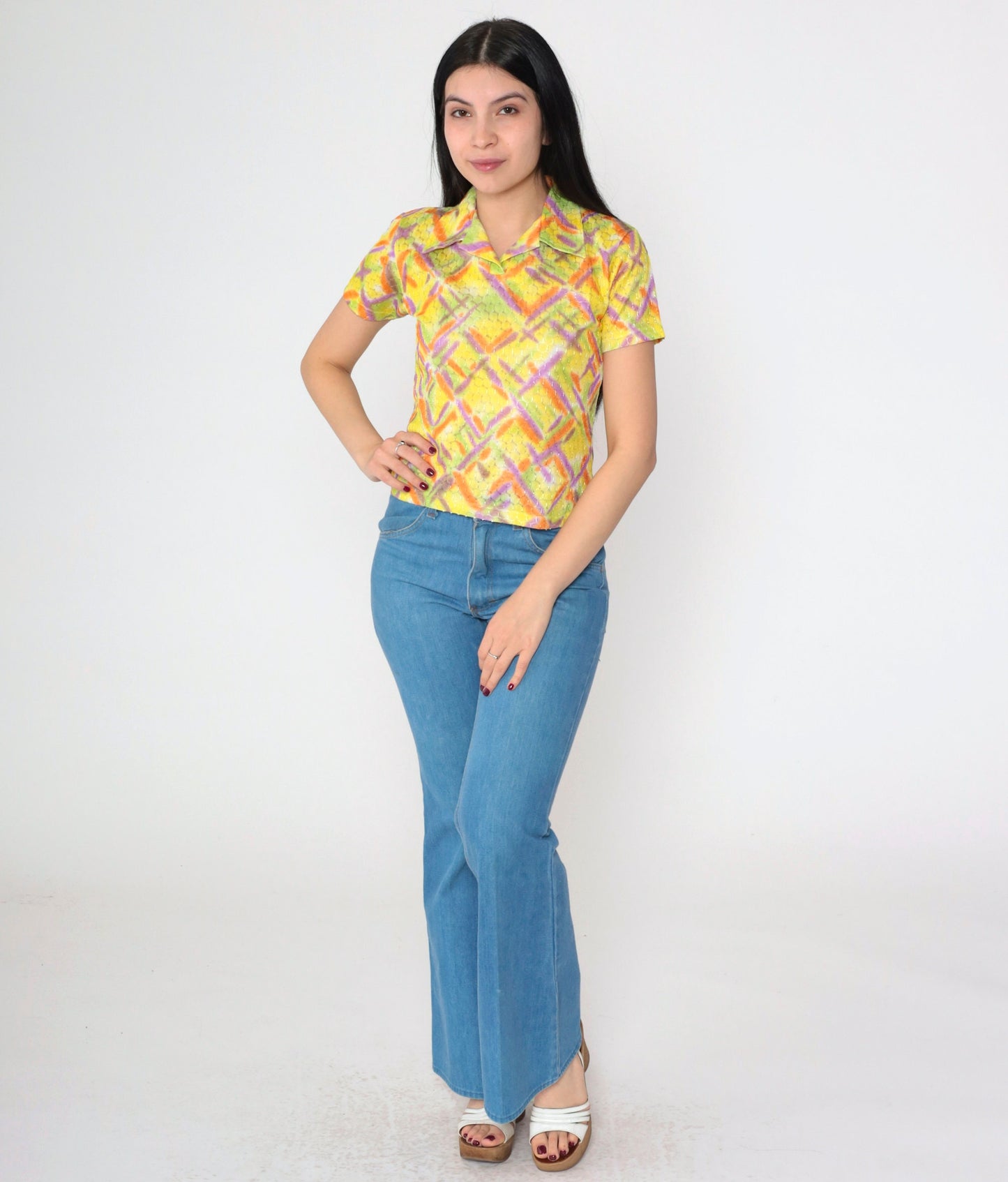 00s Metallic Abstract Criss Cross Collared Shirt Yellow Geometric Small S
