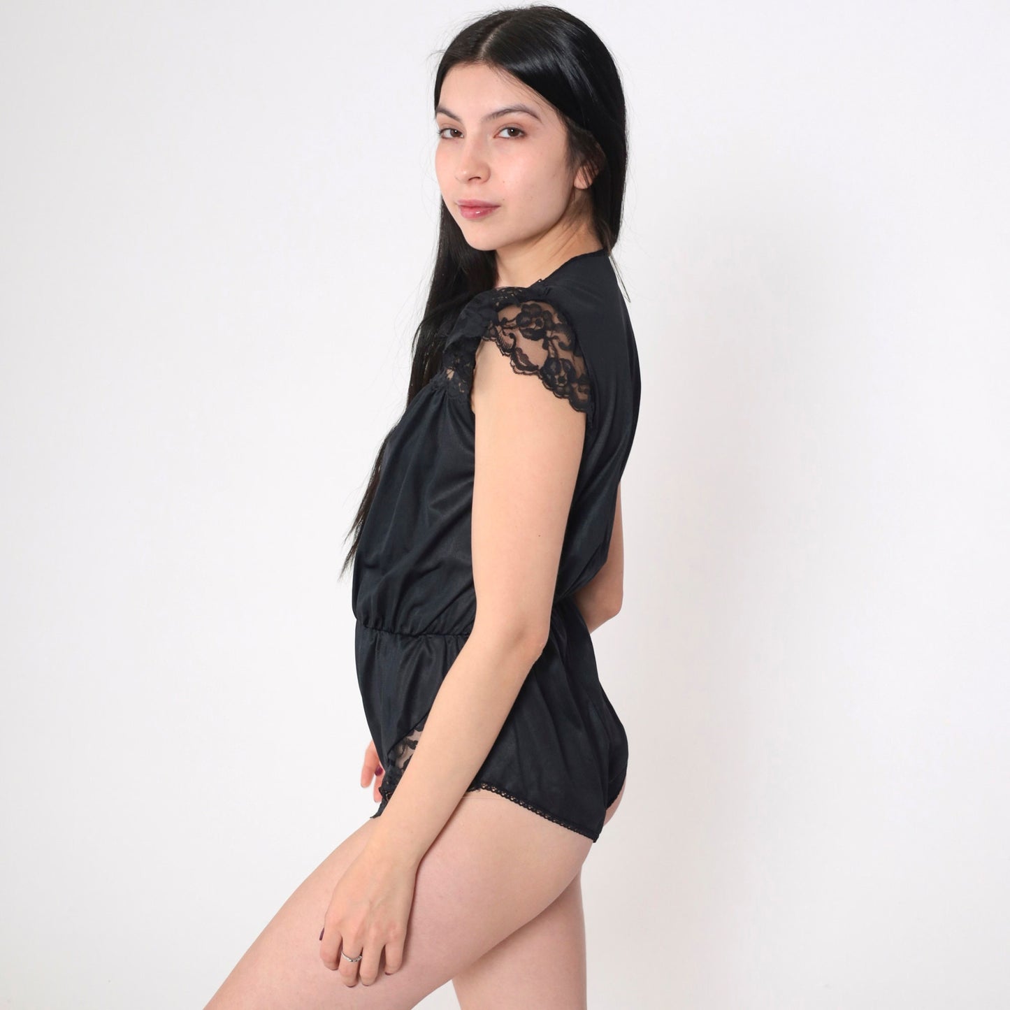 90s Black Lace Teddy Nylon Bodysuit Plunging V-Neck Cap Sleeve Small