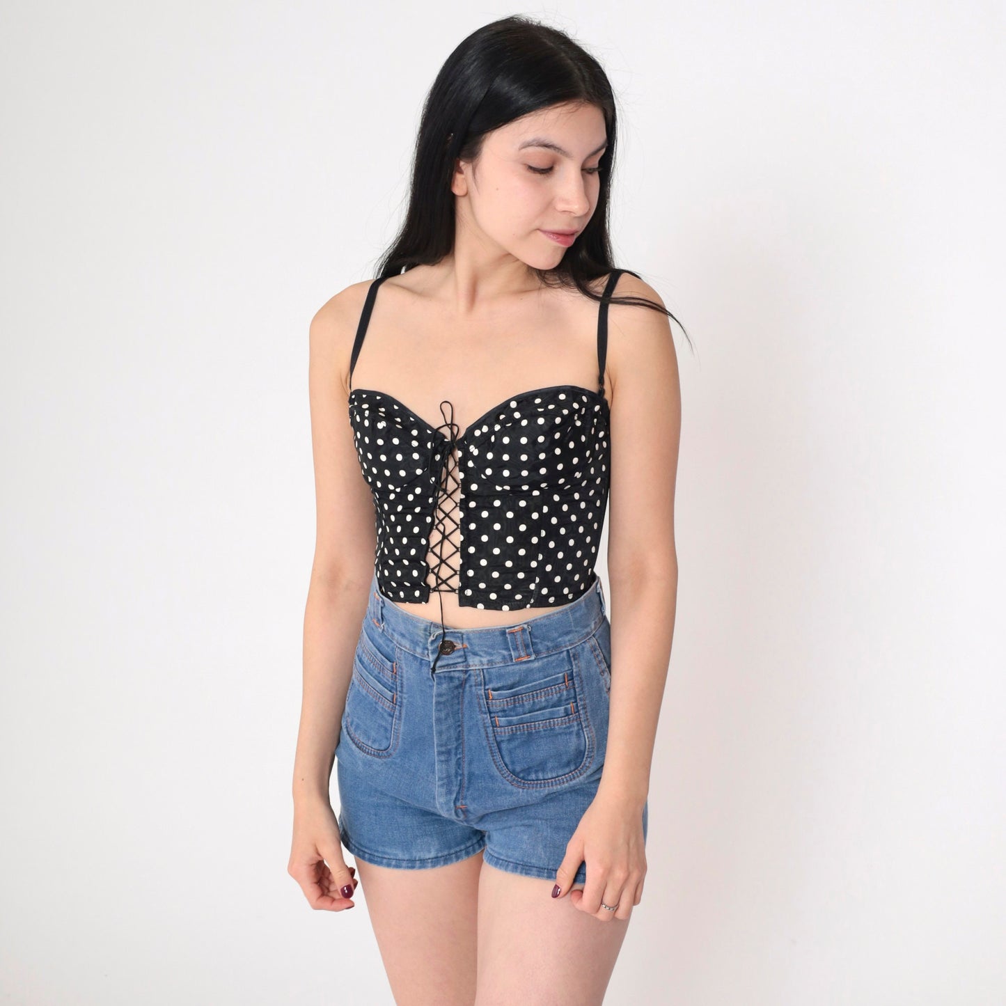80s Emil Bole Polka Dot Bustier Crop Top Black White Lace Up Small