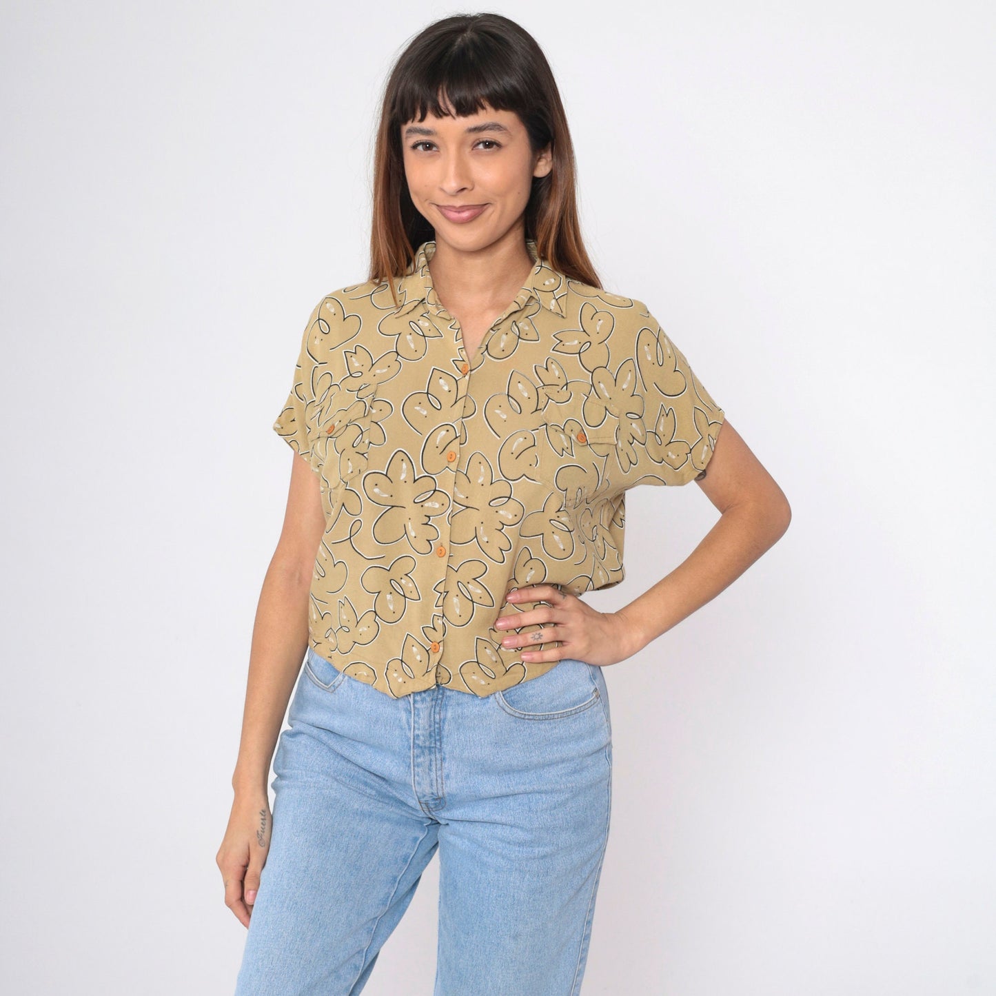 90s Abstract Floral Button-Up Blouse Mustard Short Sleeve Medium