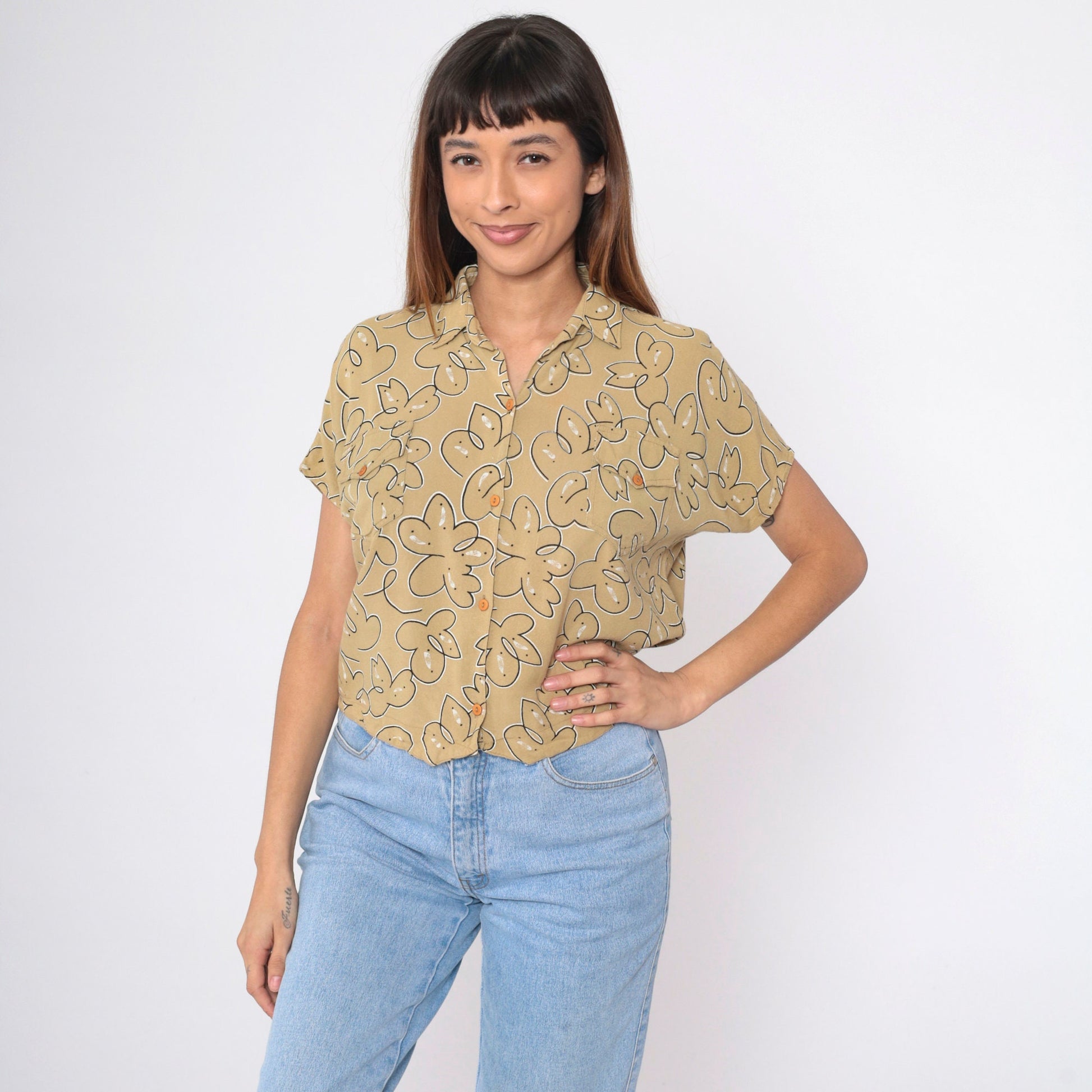 90s Abstract Floral Button-Up Blouse Mustard Short Sleeve Medium