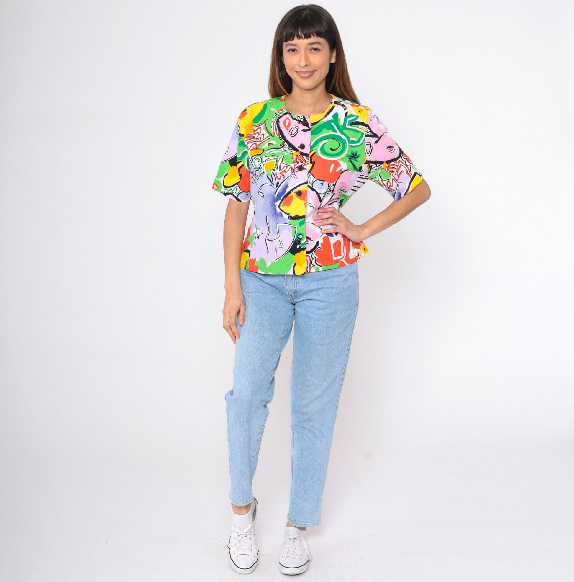 90s Abstract Tropical Button-Up Blouse Multicolor Geometric Print Medium