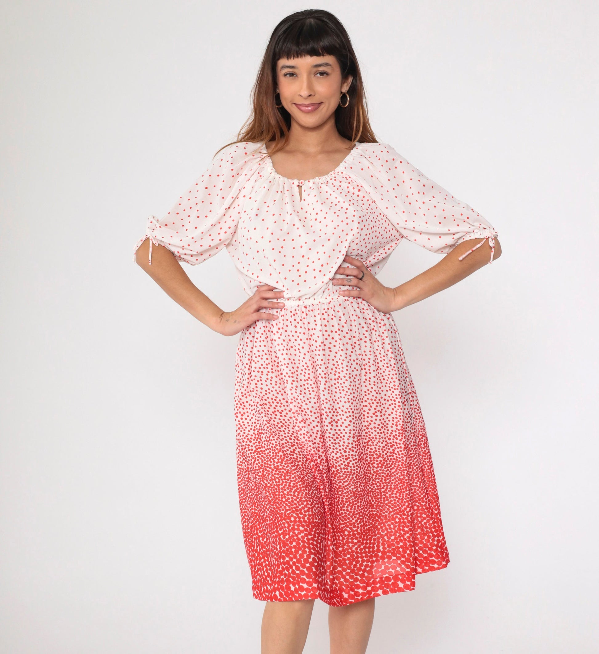70s Peasant Dress Polka Dot Red White Midi Keyhole Neck Medium