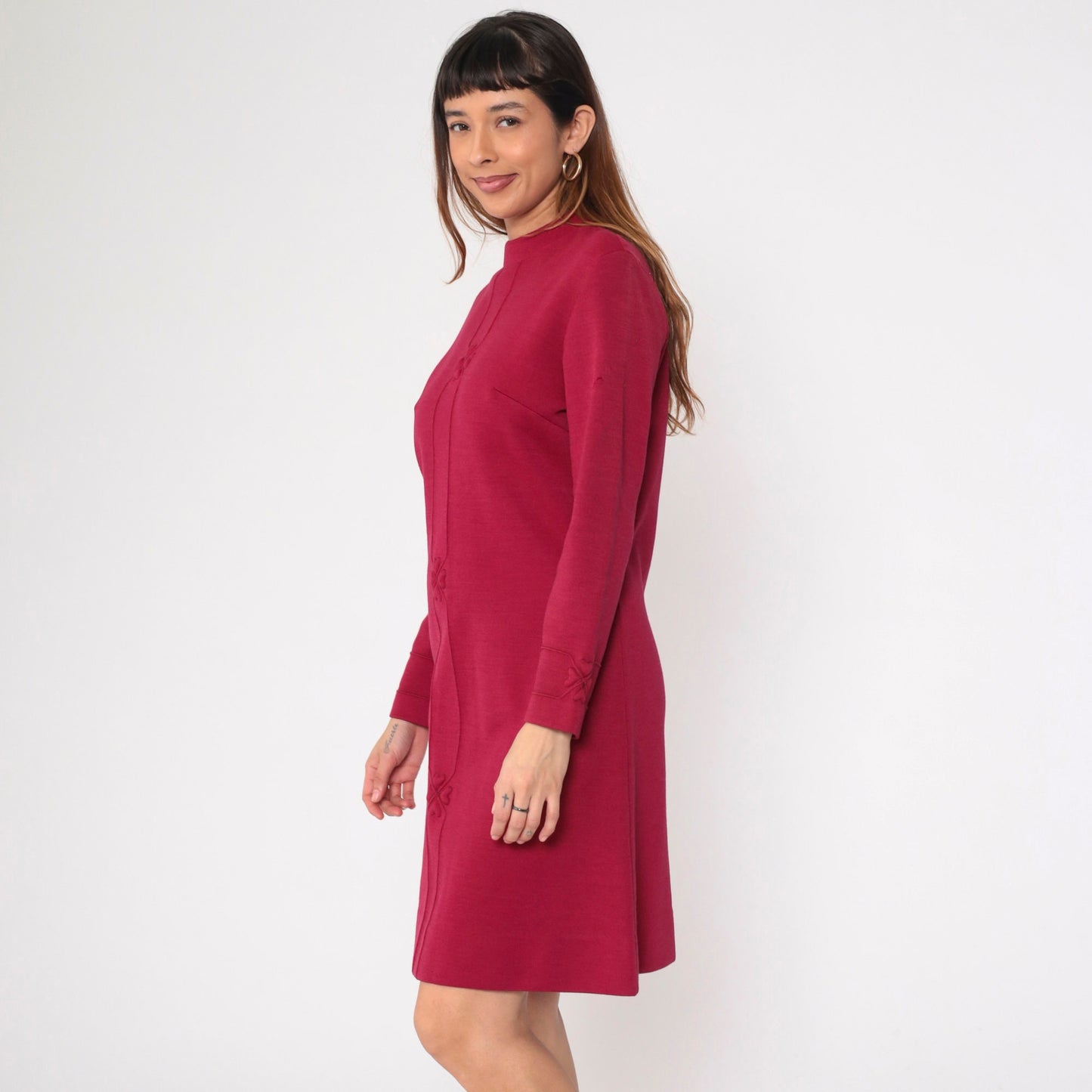 70s Burgundy Heart Wool Blend Shift Dress Long Sleeve Mini Medium