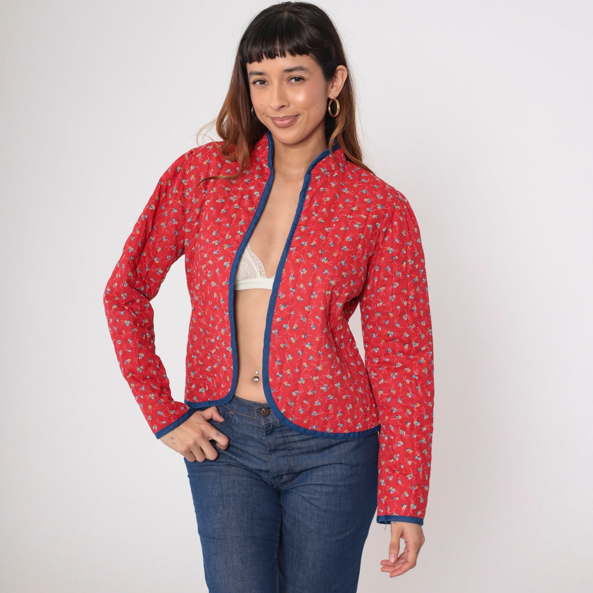 70s Fritzi Quilted Jacket Red Calico Floral Puff Sleeve Mandarin Collar Medium