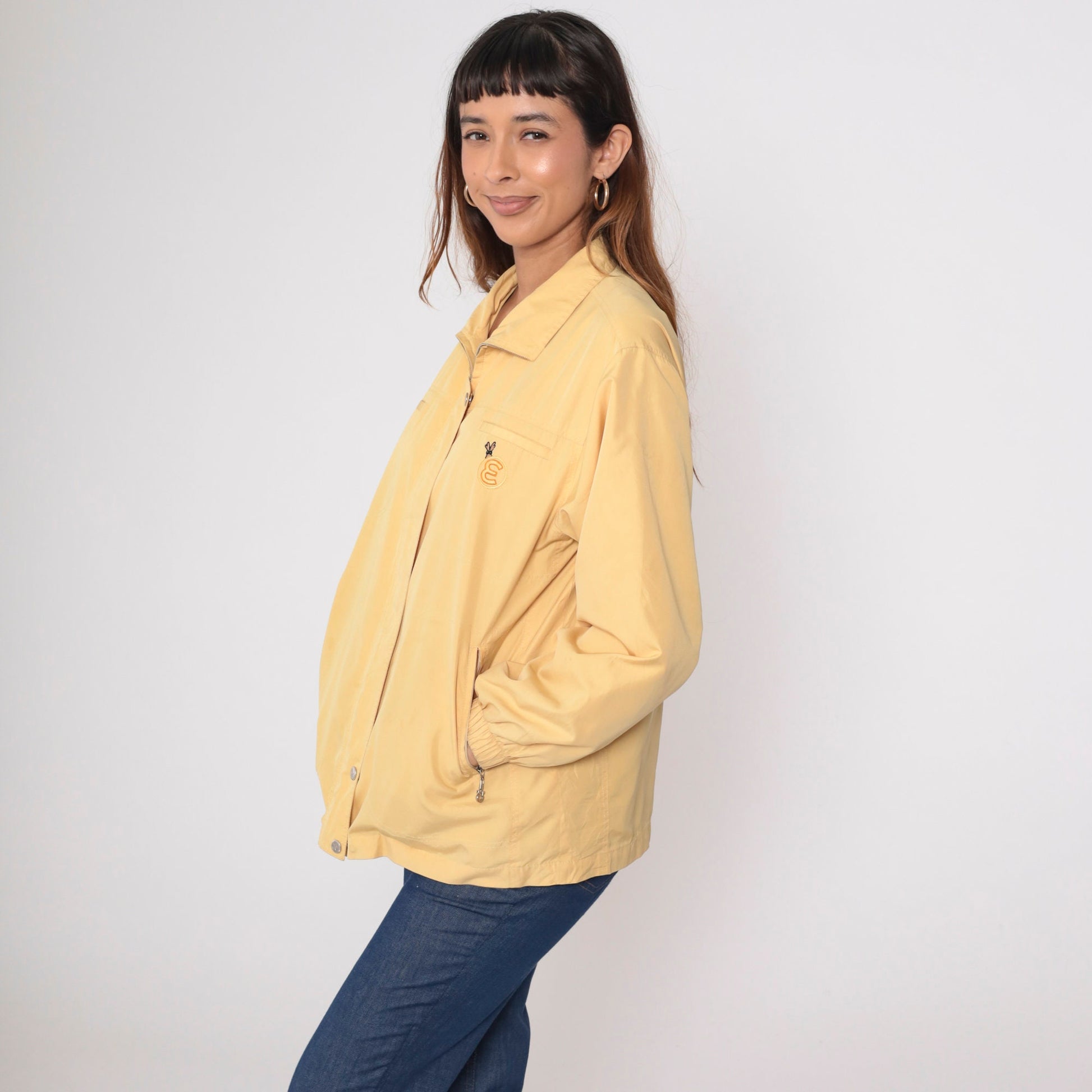 90s Yellow Windbreaker Jacket E Patch Zip Up Large