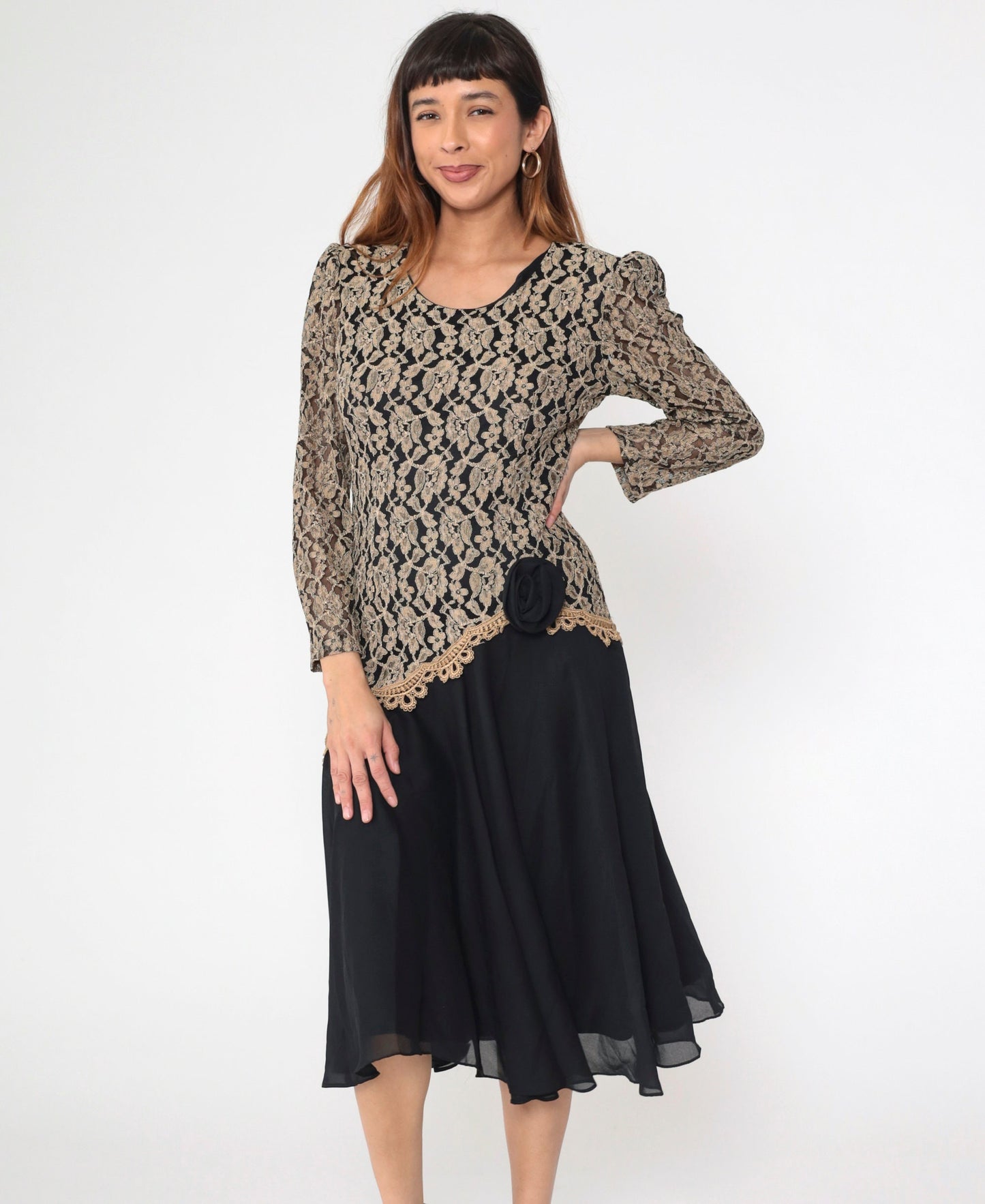 80s Black Tan Lace Chiffon Midi Dress Puff Sleeve Drop Waist Medium