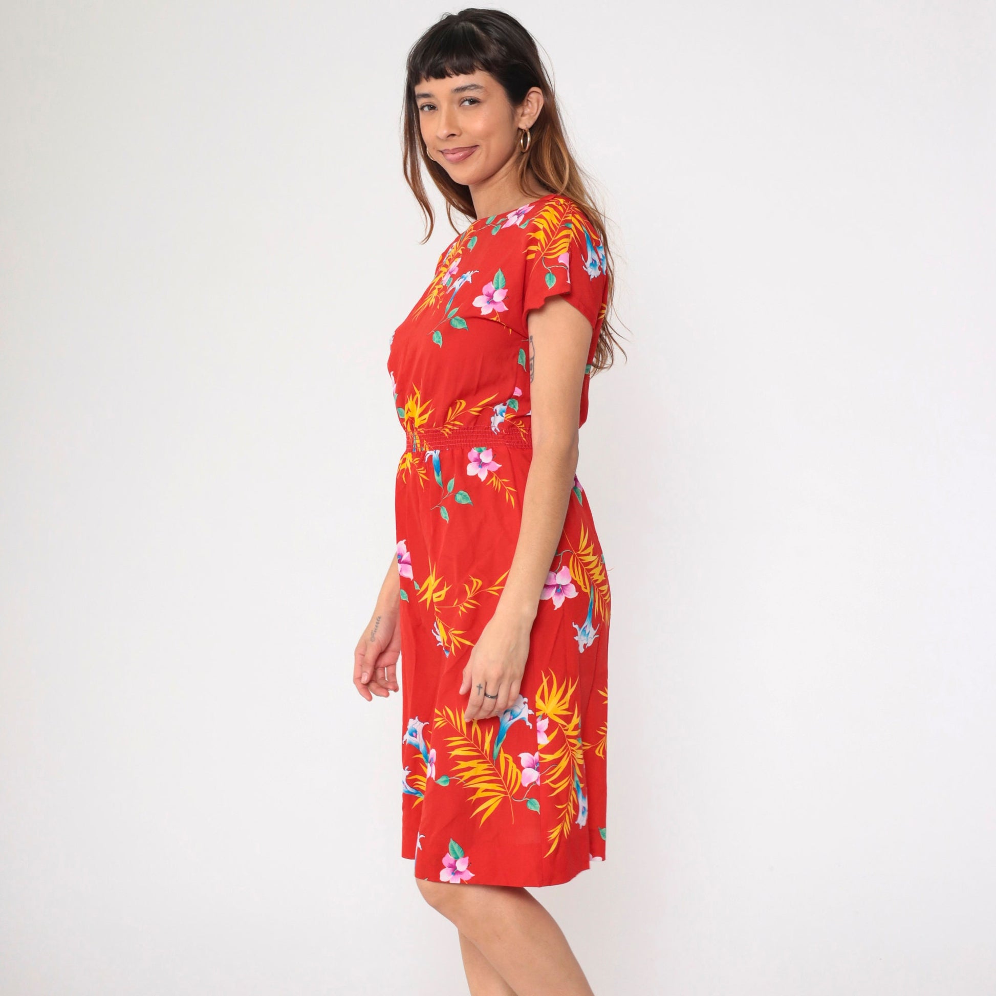 80s Hilo Hatties Tropical Floral Midi Dress Red High Waist Short Sleeve Small Medium