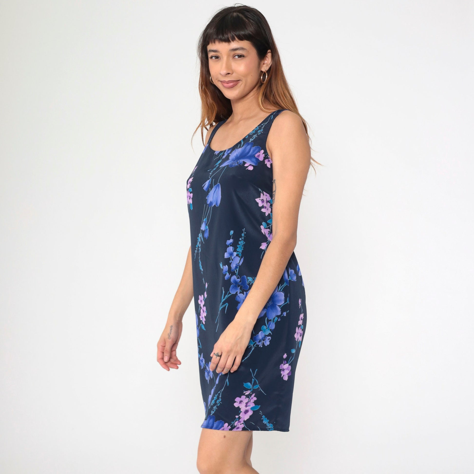 90s Hillard & Hanson Floral Mini Shift Dress Navy Sleeveless Small