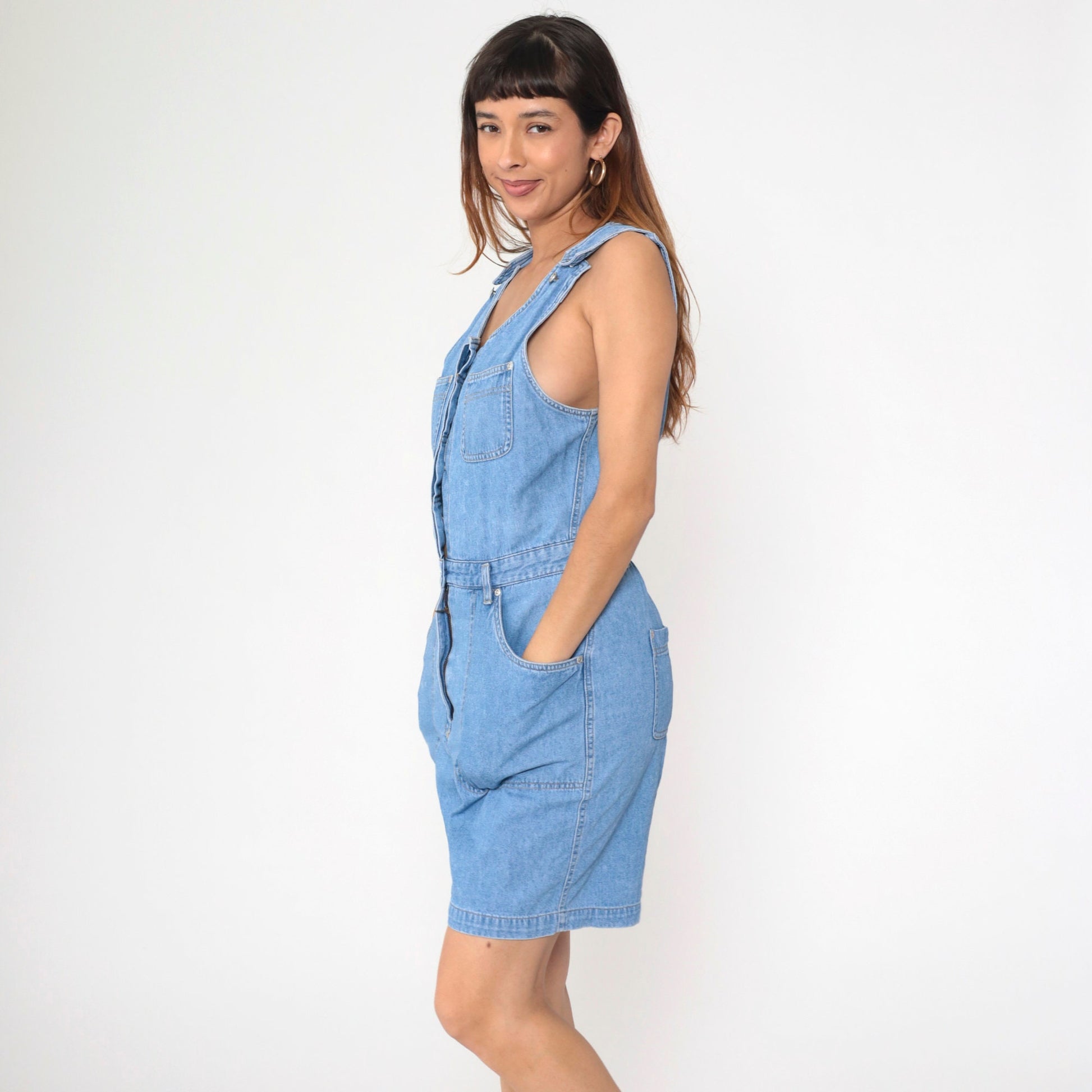90s Gloria Vanderbilt Denim Romper Playsuit Utility Pockets Sleeveless Small