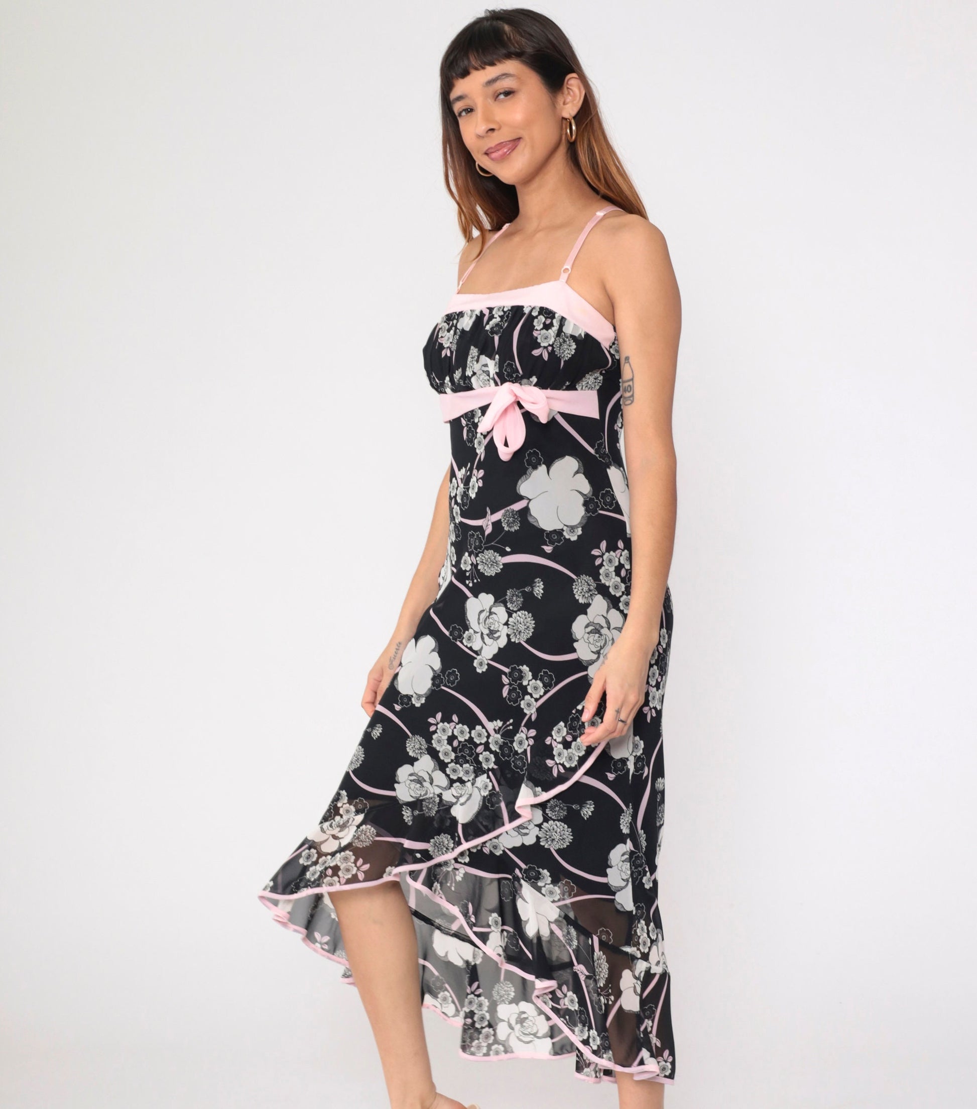 00s Black Floral Midi Sundress Baby Pink Bow Empire Waist Spaghetti Strap Medium