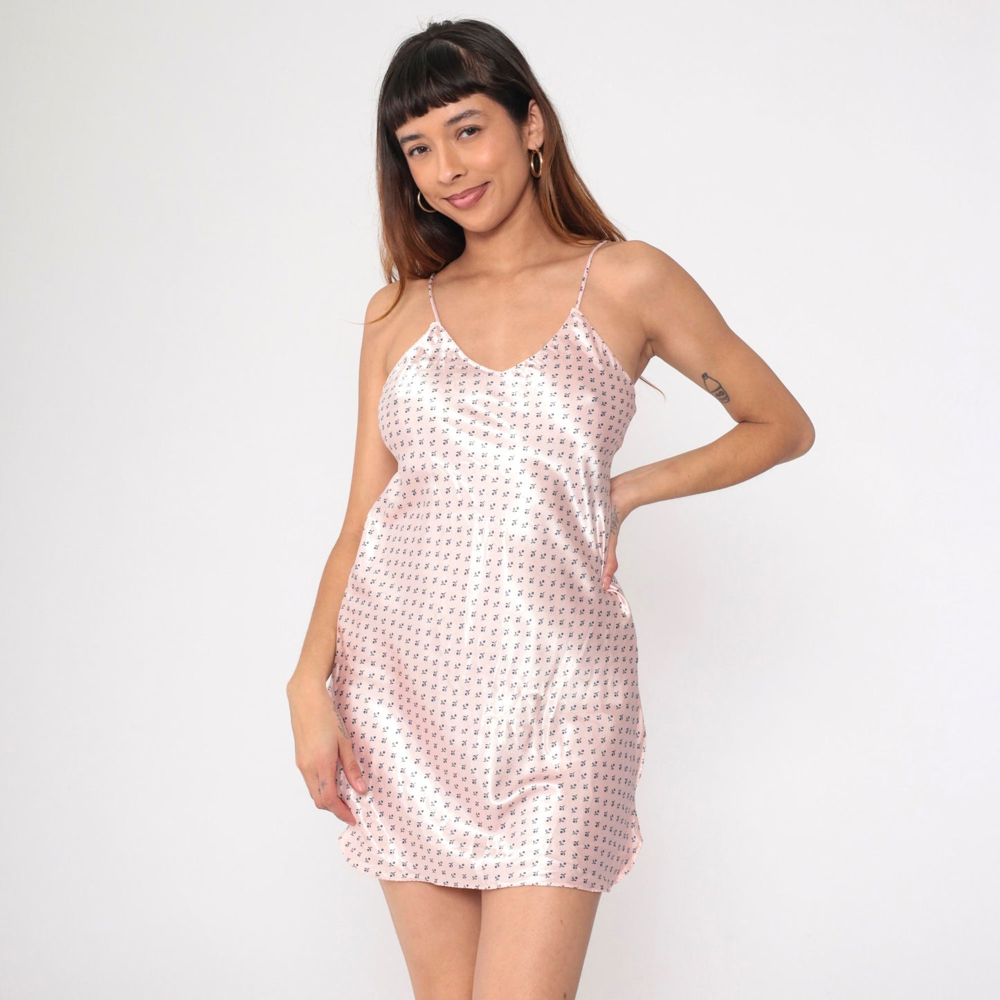 90s Baby Pink Satin Slip Dress Floral V Neck Mini Small