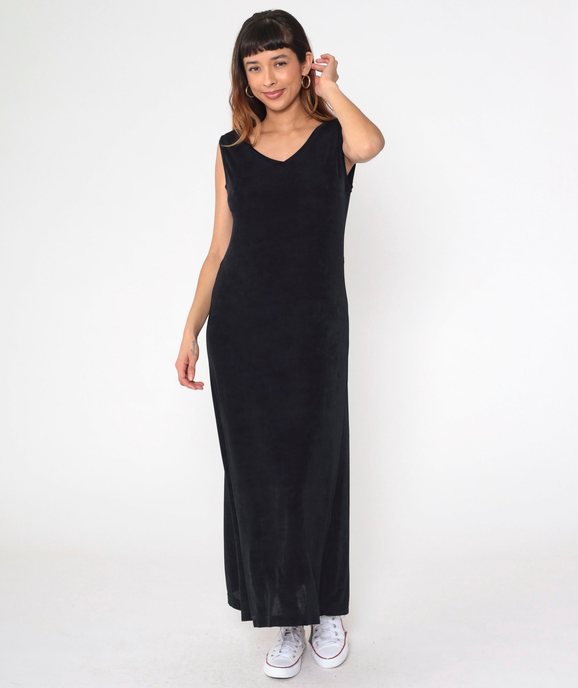 90s Black Maxi Dress V-Neck Sleeveless Column Cut Pullover Medium M