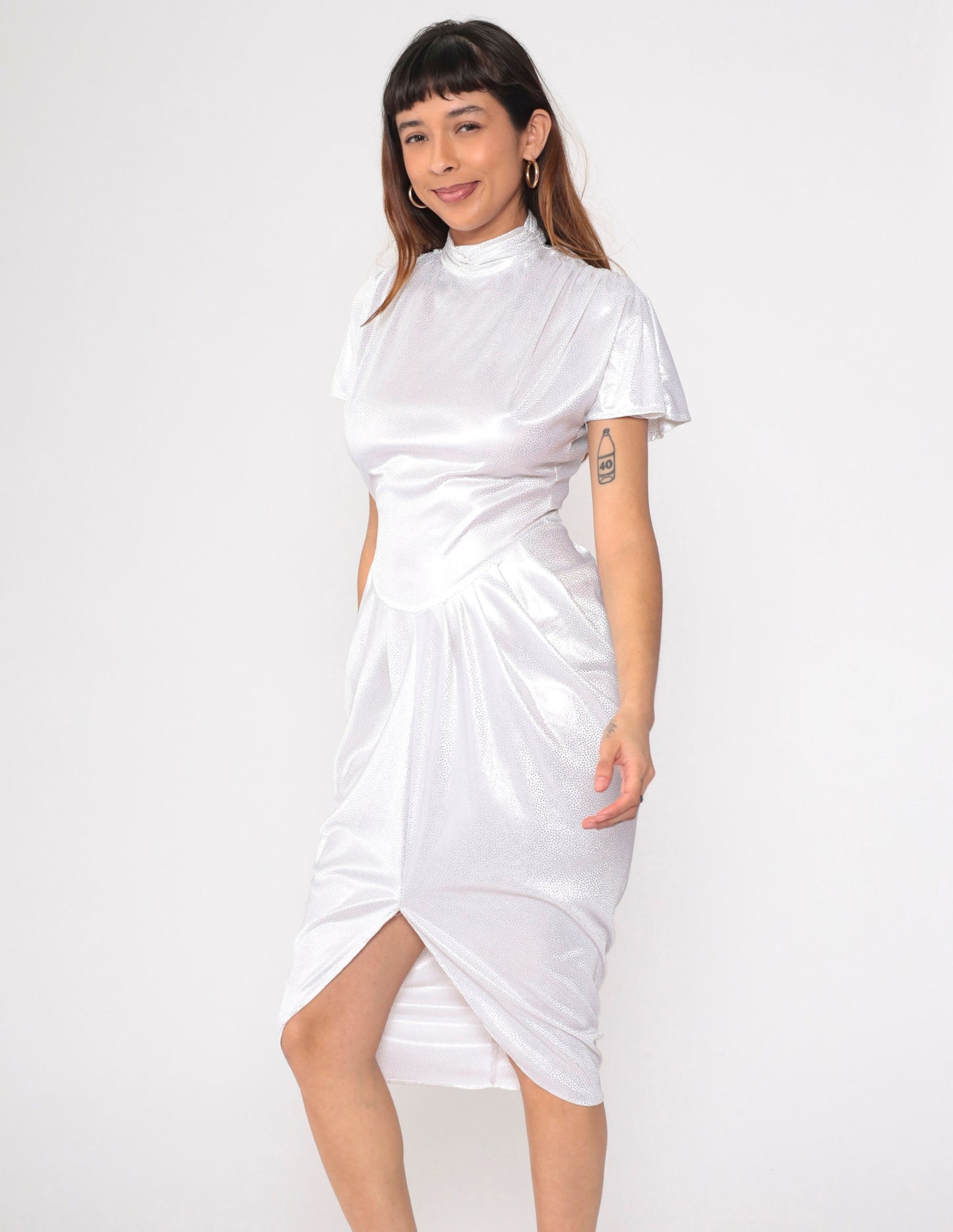 80s White Metallic Polka Dot Midi Dress Mock Neck Flutter Sleeve Small