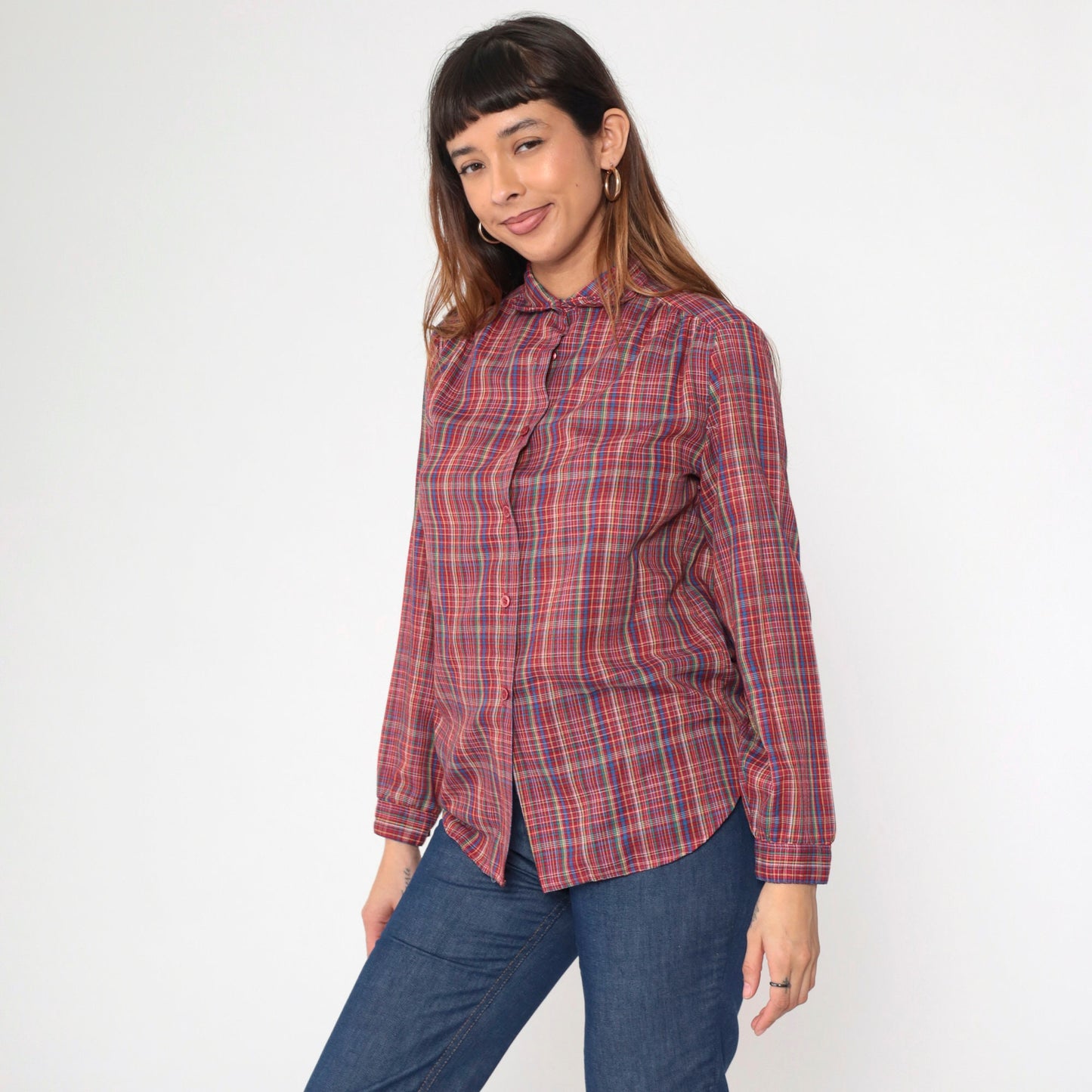 70s Plaid Button-Up Shirt Multicolored Tartan Collared Long Sleeve Small S