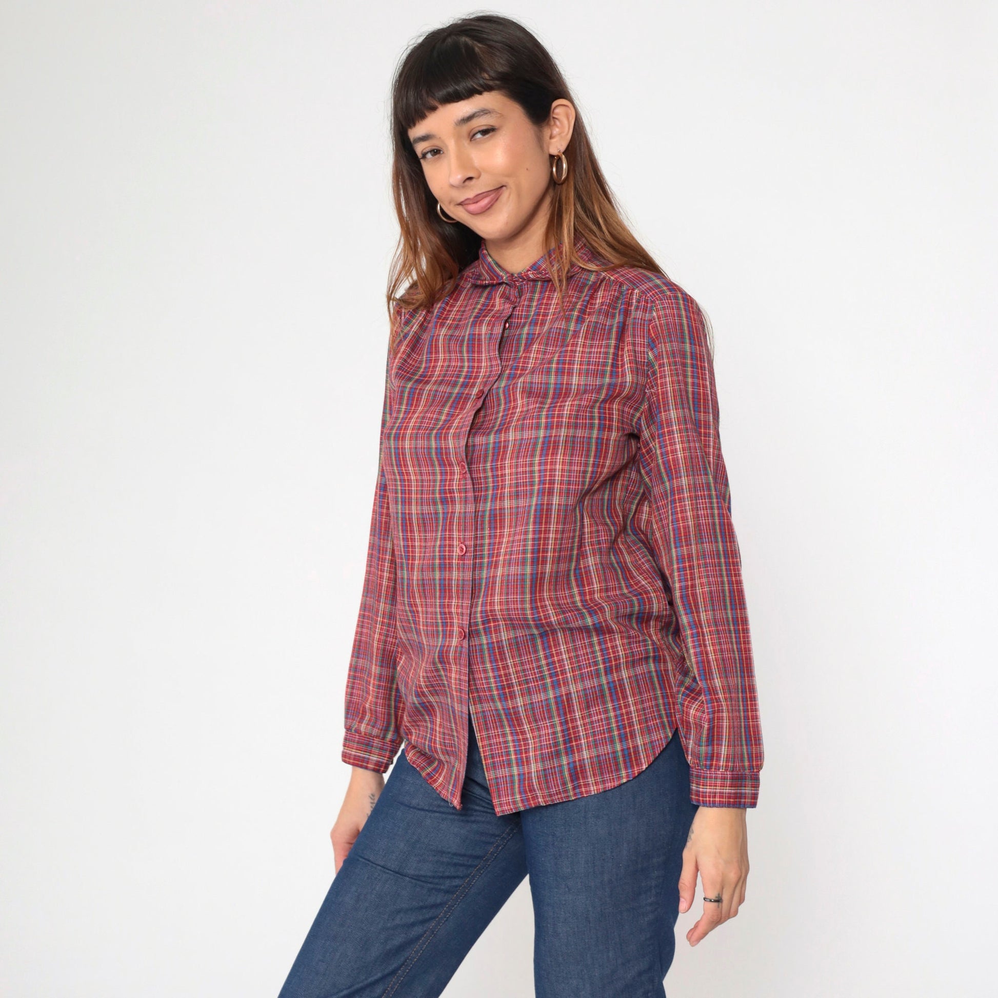 70s Plaid Button-Up Shirt Multicolored Tartan Collared Long Sleeve Small S